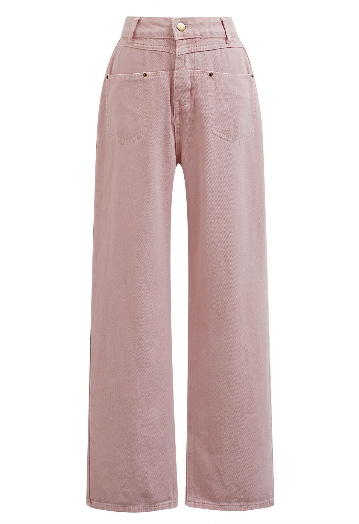 Front Patch Pockets Straight-Leg Jeans in Pink