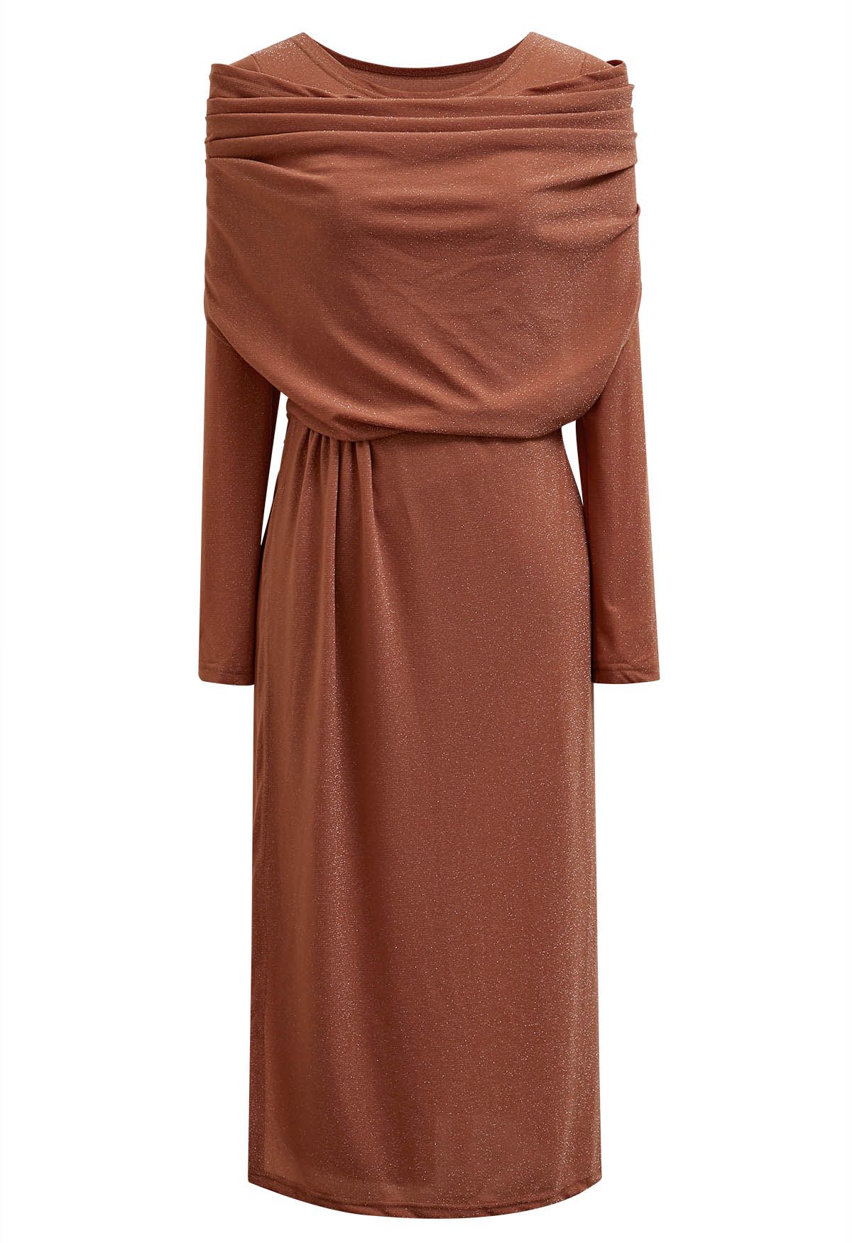 Shimmery Thread Fake Two-Piece Midi Dress in Rust