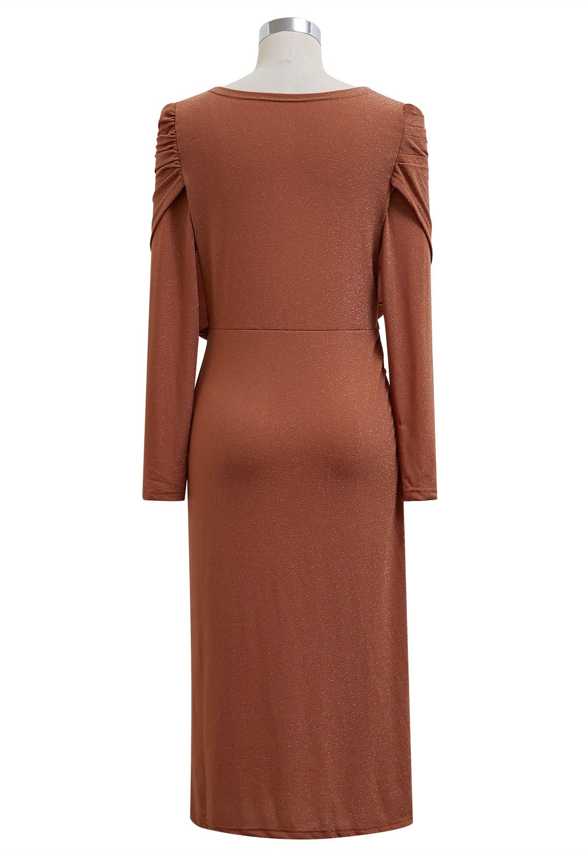 Shimmery Thread Fake Two-Piece Midi Dress in Rust