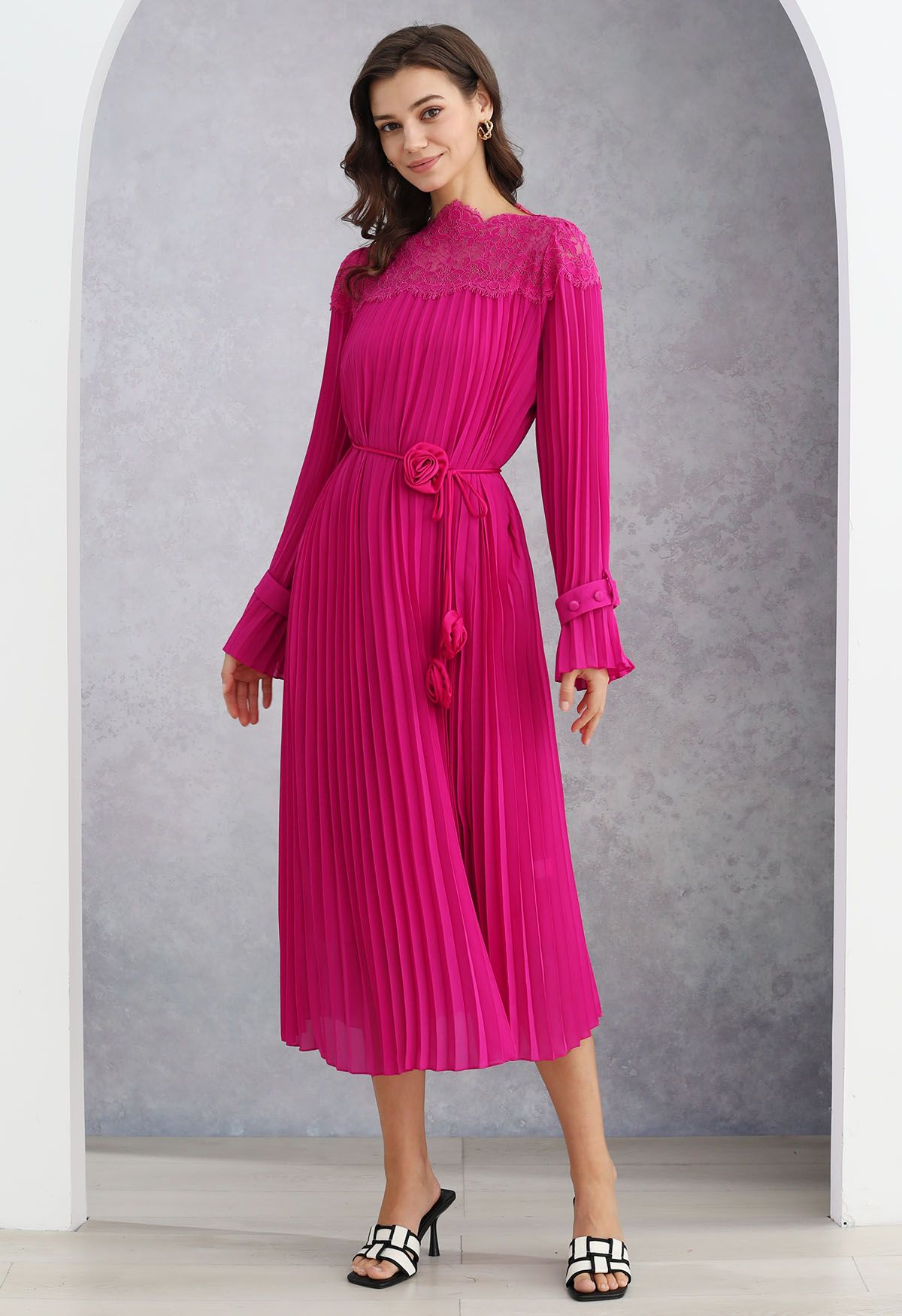 Rose String Lace Spliced Pleated Midi Dress in Hot Pink