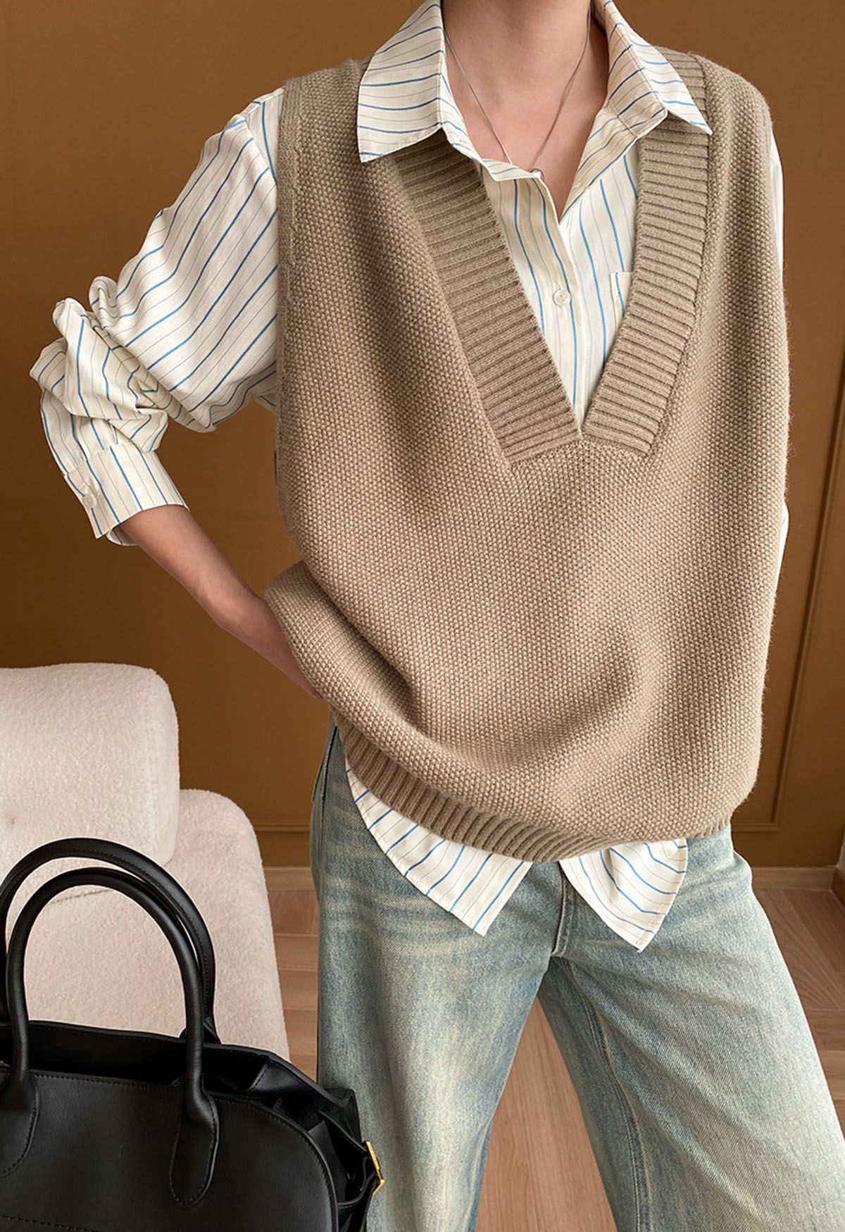 Casual Comfort V-Neck Knit Vest in Khaki