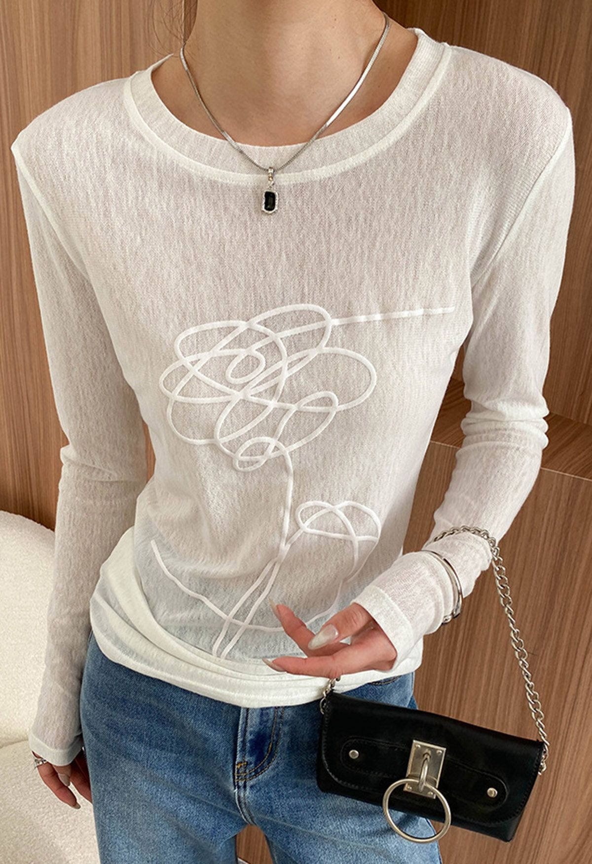 Abstract Line-Drawn Flower Semi Sheer Top