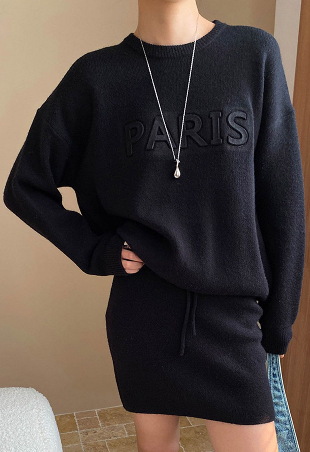 Paris Letter Knit Sweater and Skirt Set in Black