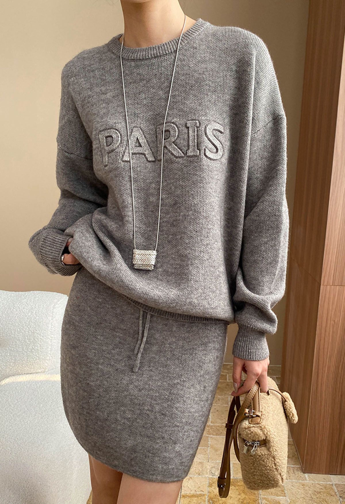 Paris Letter Knit Sweater and Skirt Set in Grey