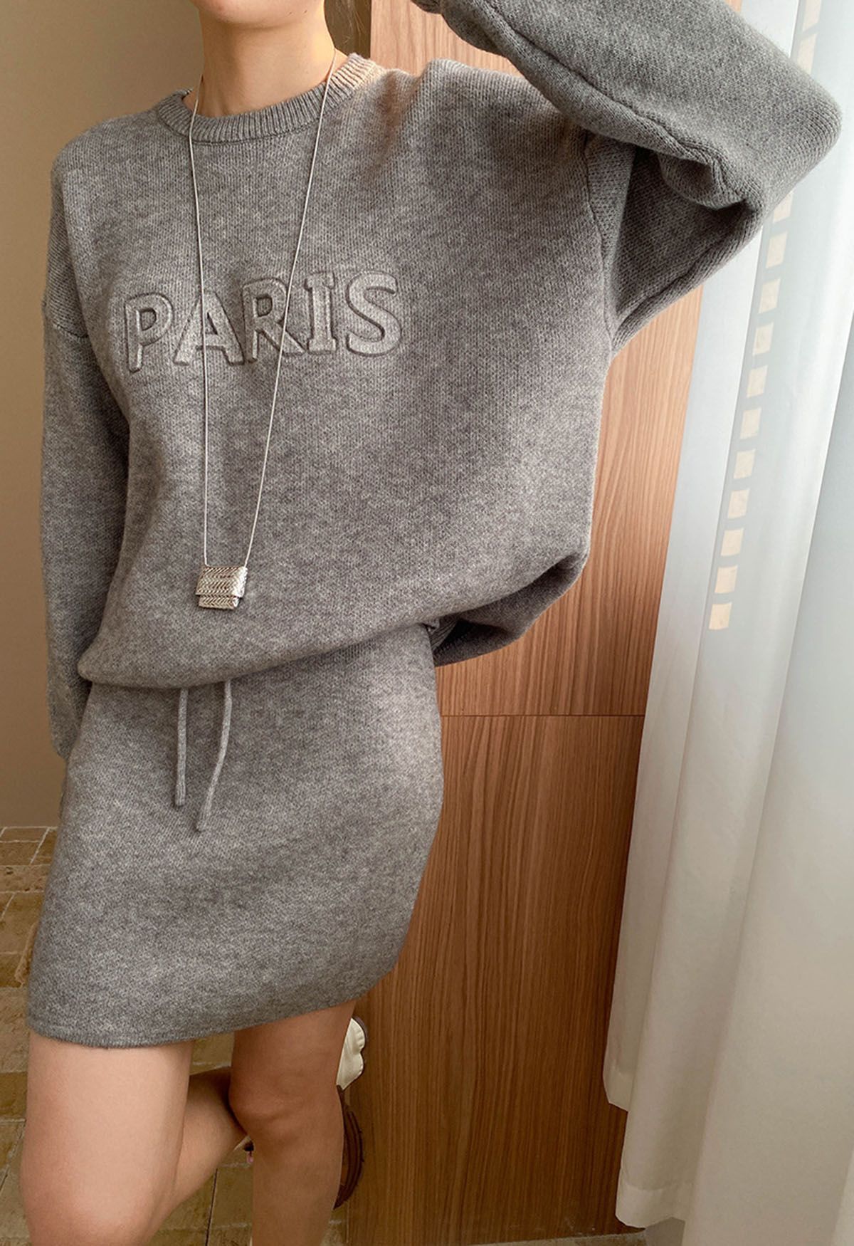 Paris Letter Knit Sweater and Skirt Set in Grey