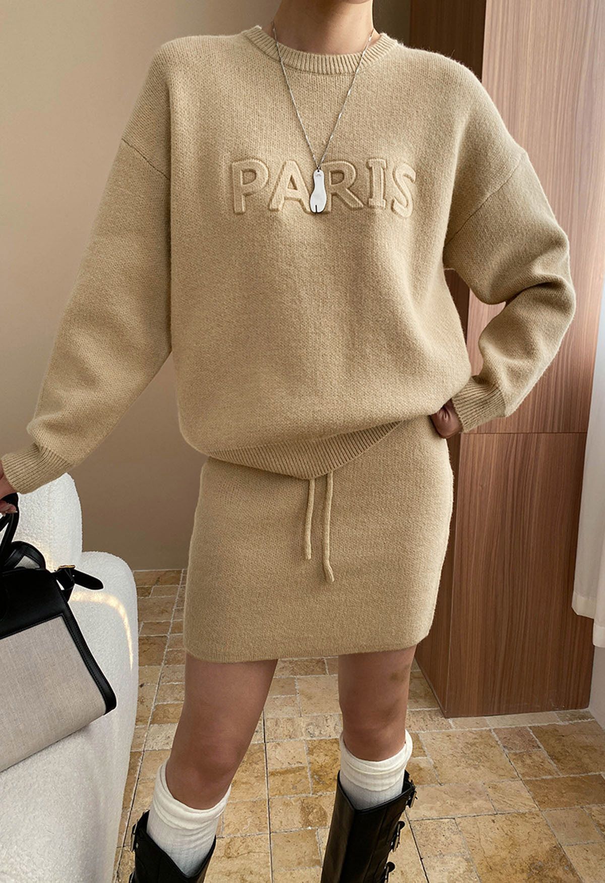 Paris Letter Knit Sweater and Skirt Set in Camel