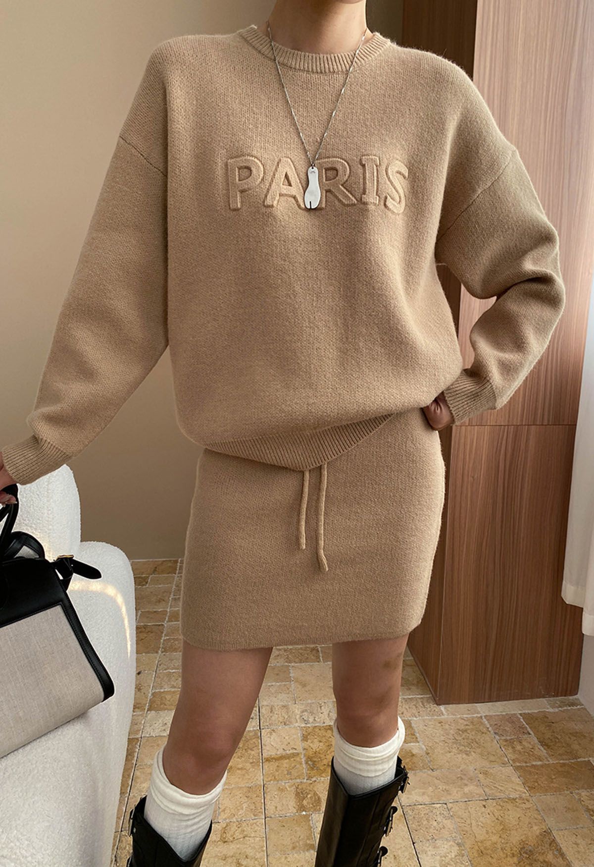 Paris Letter Knit Sweater and Skirt Set in Camel