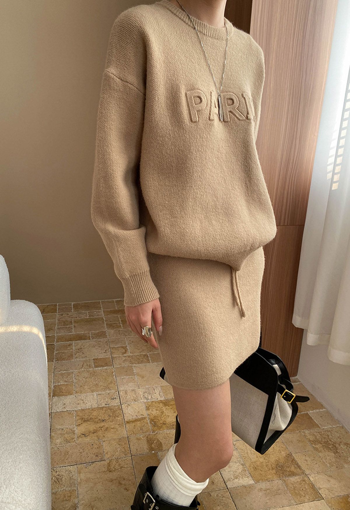 Paris Letter Knit Sweater and Skirt Set in Camel