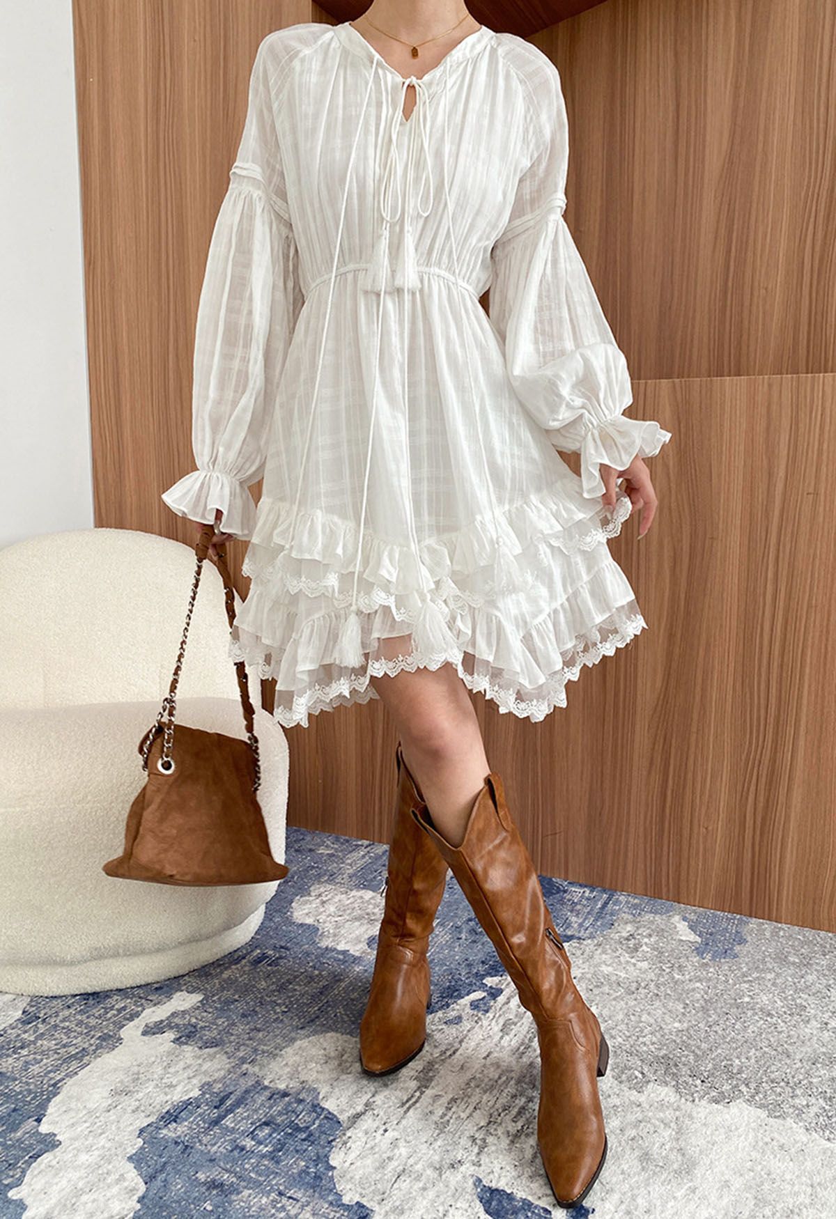 Tiered Ruffle Lace Trim Lantern Sleeves Asymmetric Midi Dress