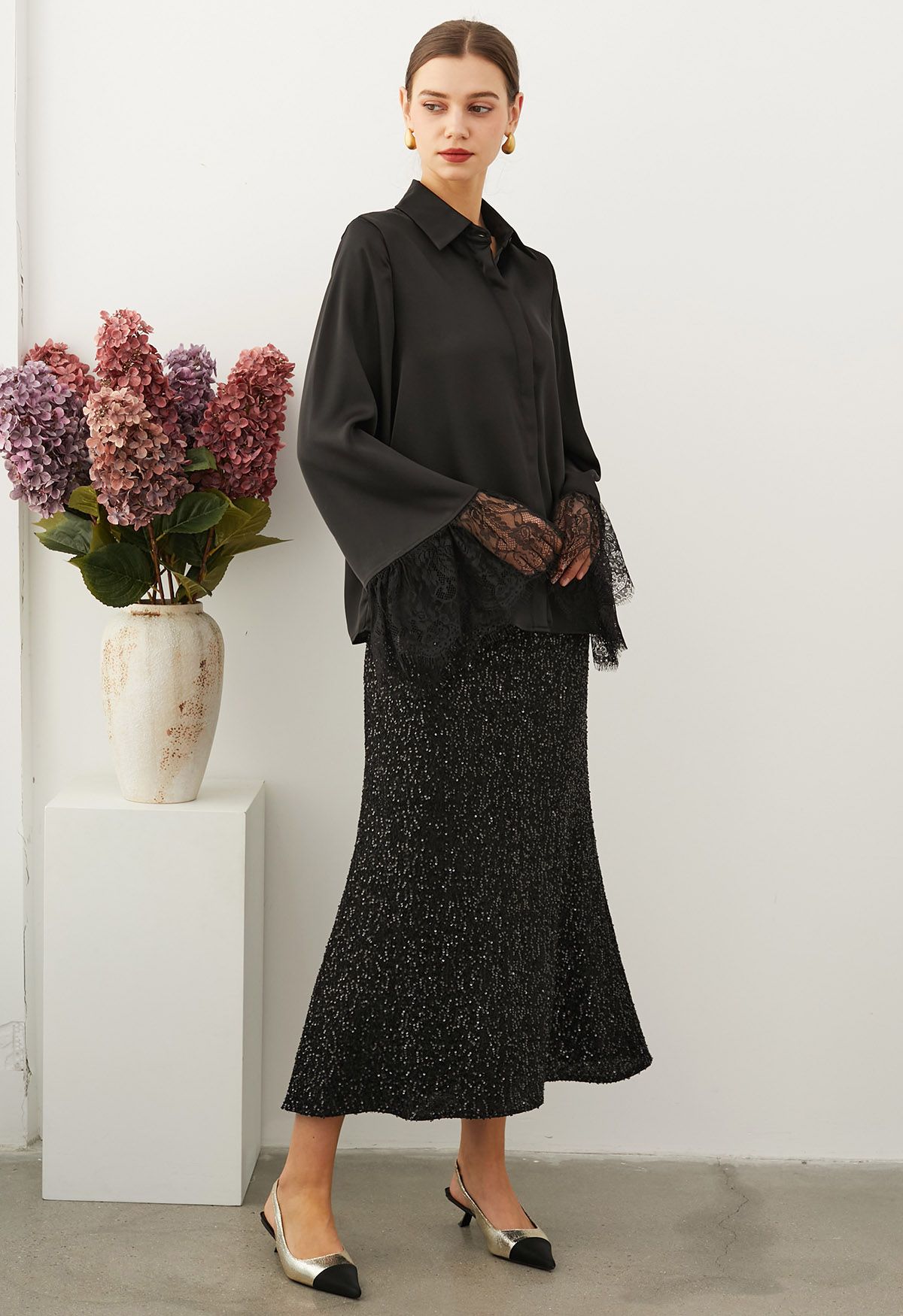 Lace Cuff Bell-Sleeve Satin Shirt in Black