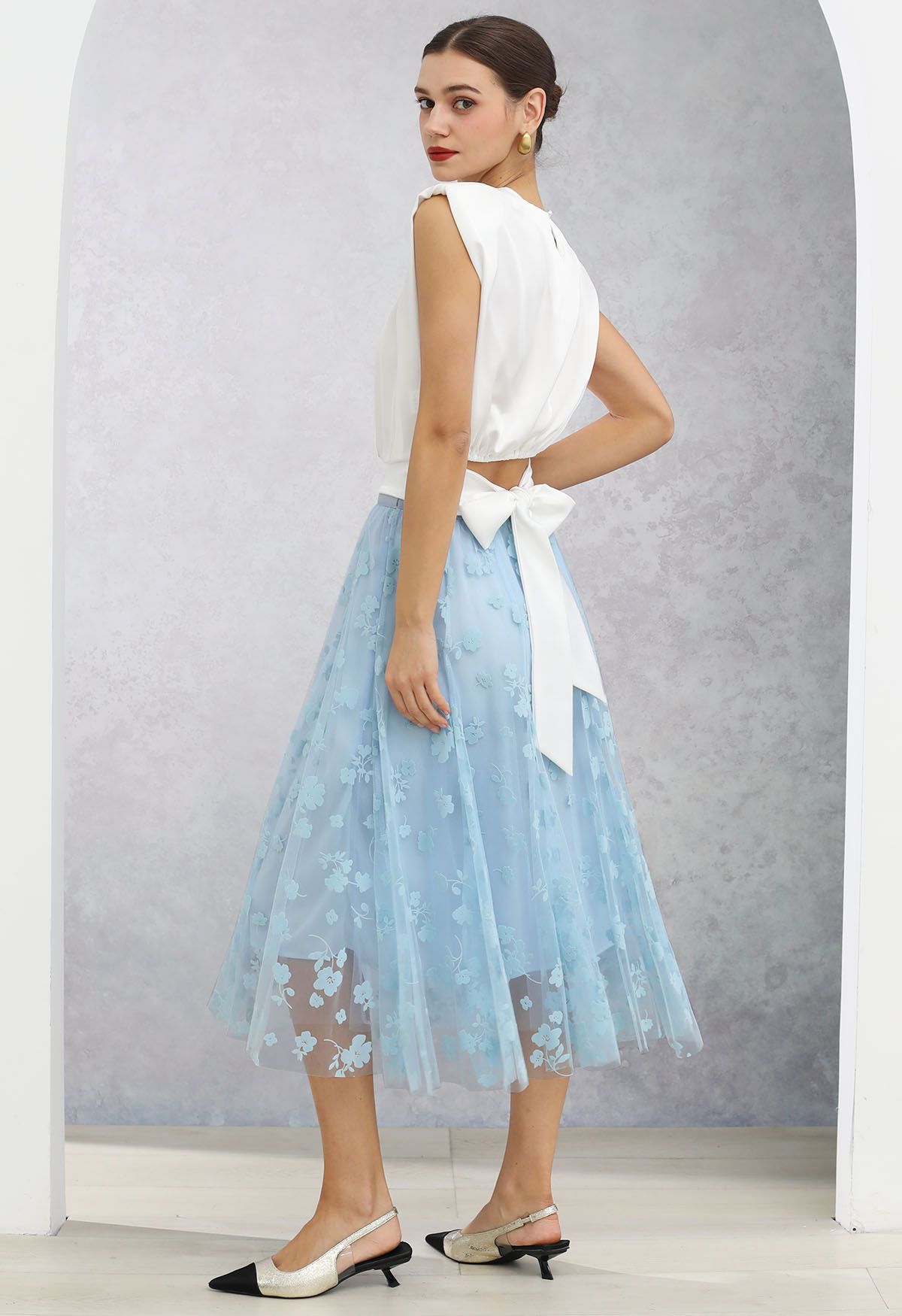 3D Posy Double-Layered Mesh Midi Skirt in Baby Blue