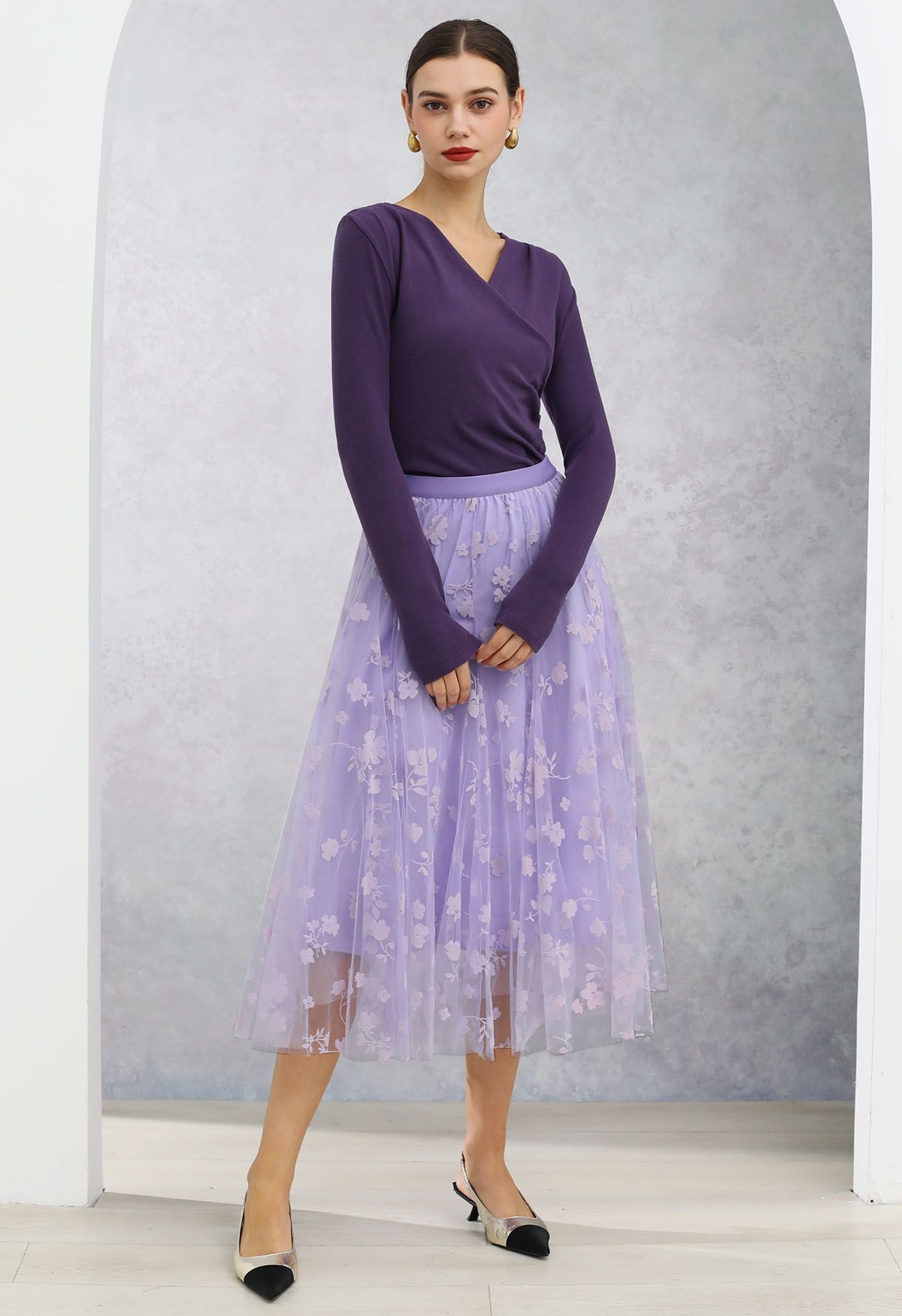 3D Posy Double-Layered Mesh Midi Skirt in Lavender