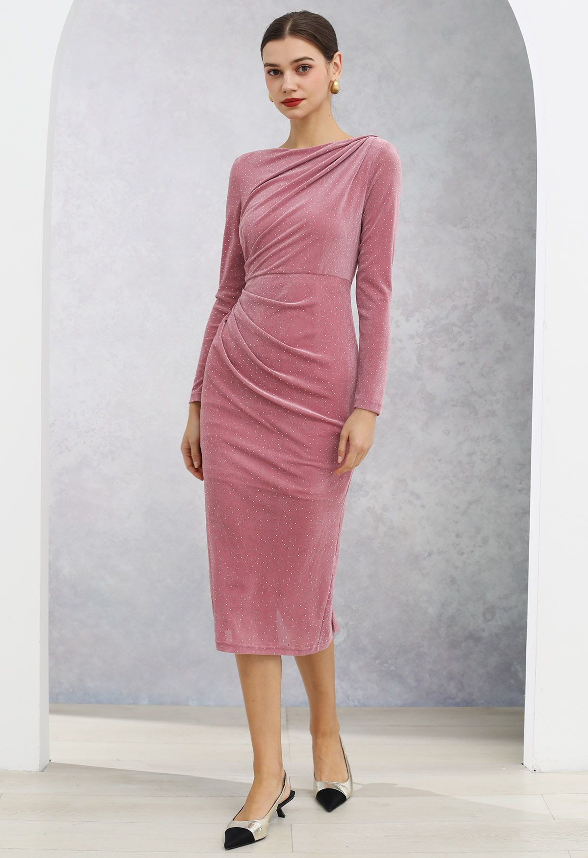 Rhinestone Decor Ruched Pad Shoulder Midi Dress in Pink