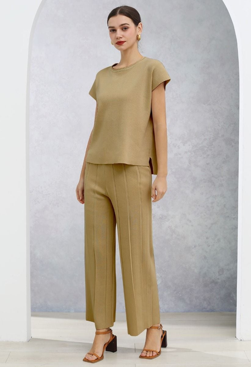 Daily Comfort Sleeveless Top and Straight-Leg Pants Set in Tan