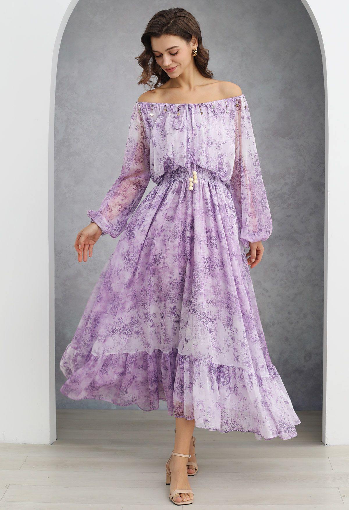 Vintage Baroque Off-Shoulder Chiffon Maxi Dress in Lilac