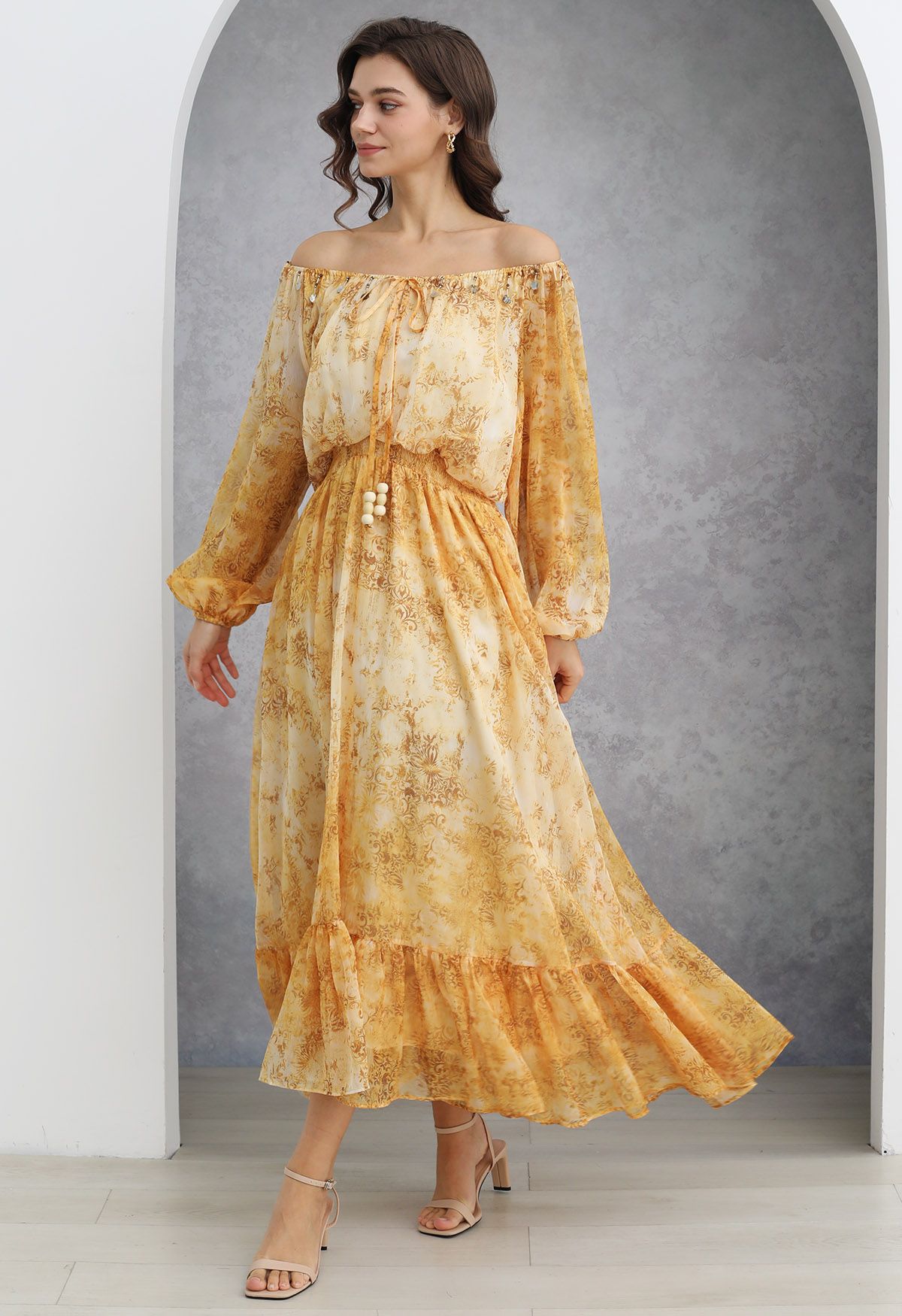 Vintage Baroque Off-Shoulder Chiffon Maxi Dress in Yellow