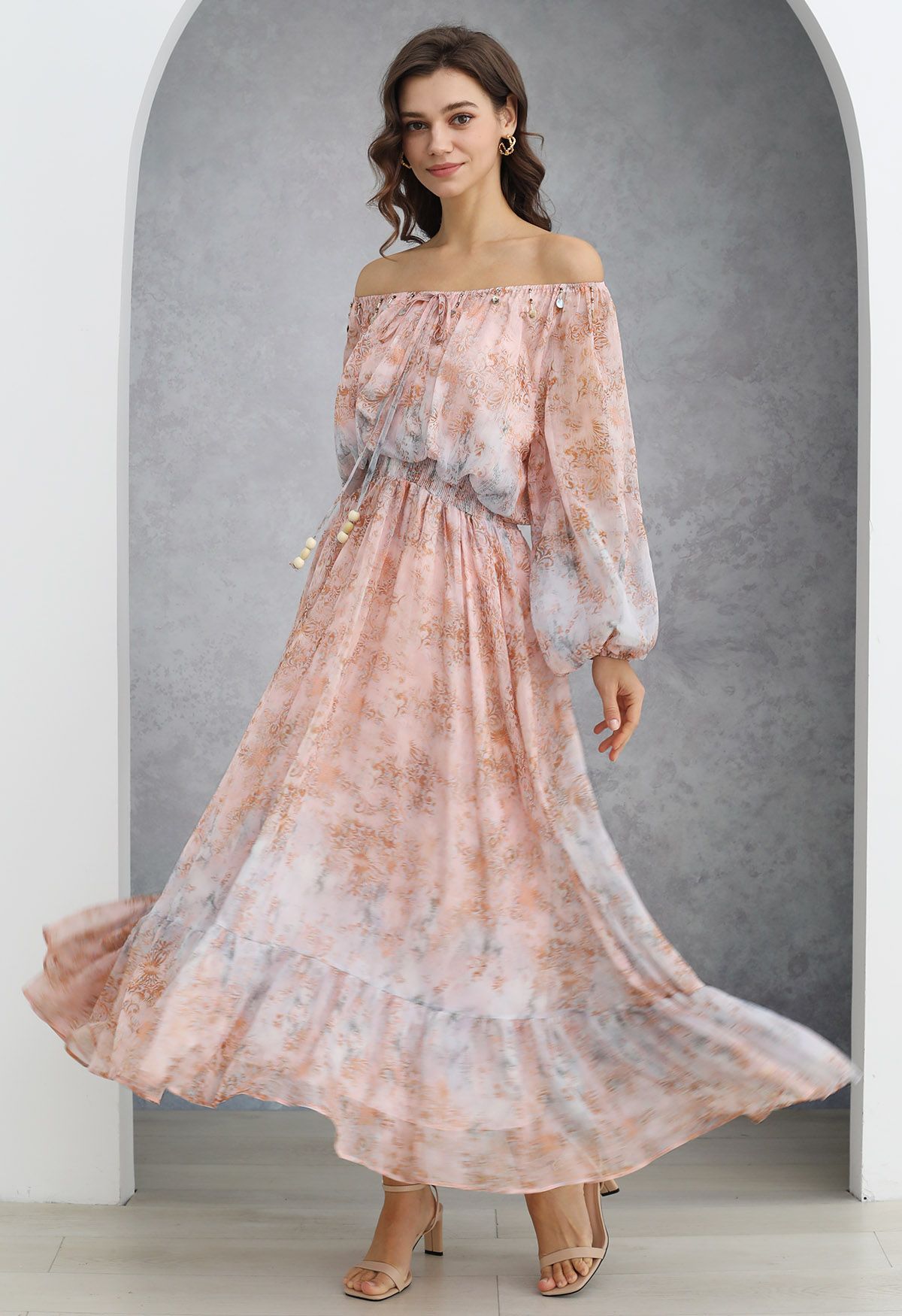 Vintage Baroque Off-Shoulder Chiffon Maxi Dress in Peach