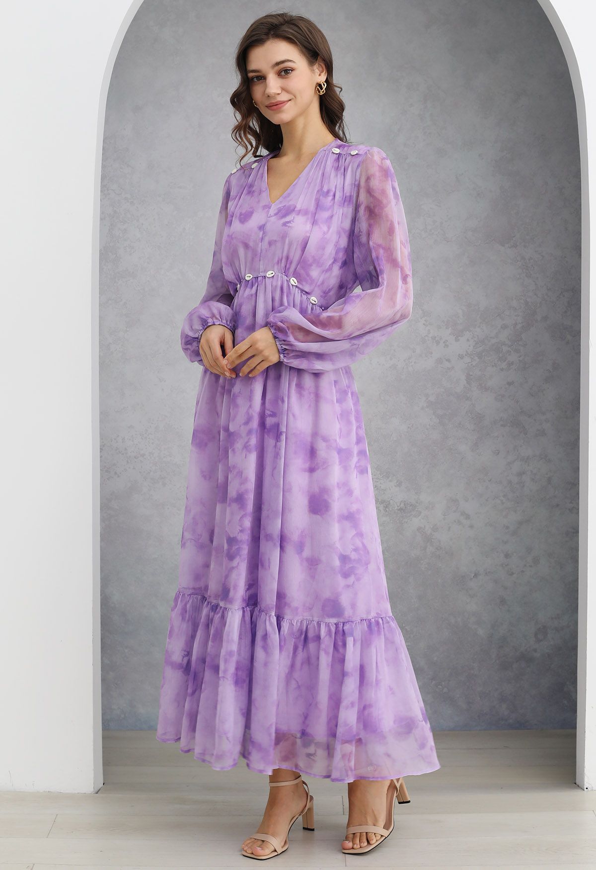 Seashell Beaded Tie-Waist Chiffon Maxi Dress in Lilac