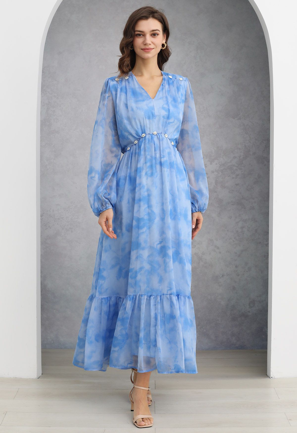 Seashell Beaded Tie-Waist Chiffon Maxi Dress in Blue