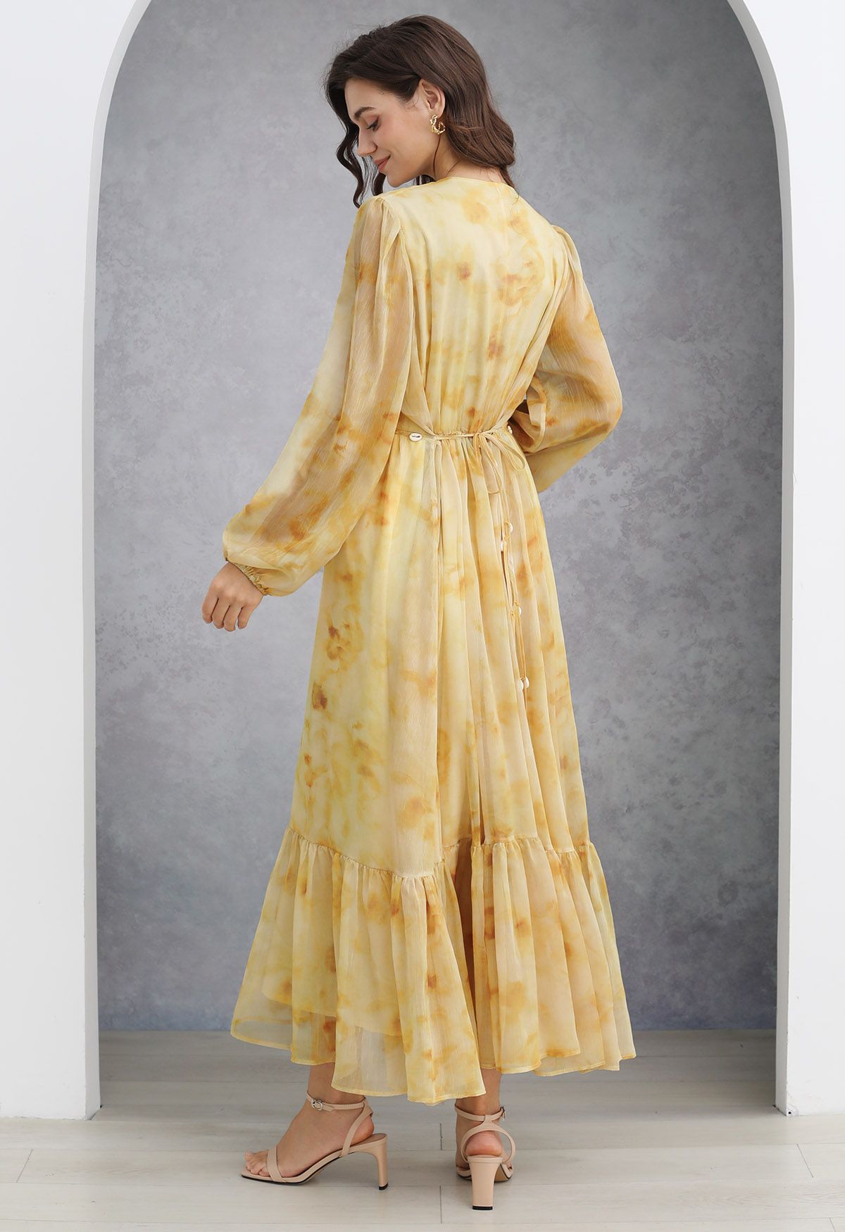 Seashell Beaded Tie-Waist Chiffon Maxi Dress in Yellow