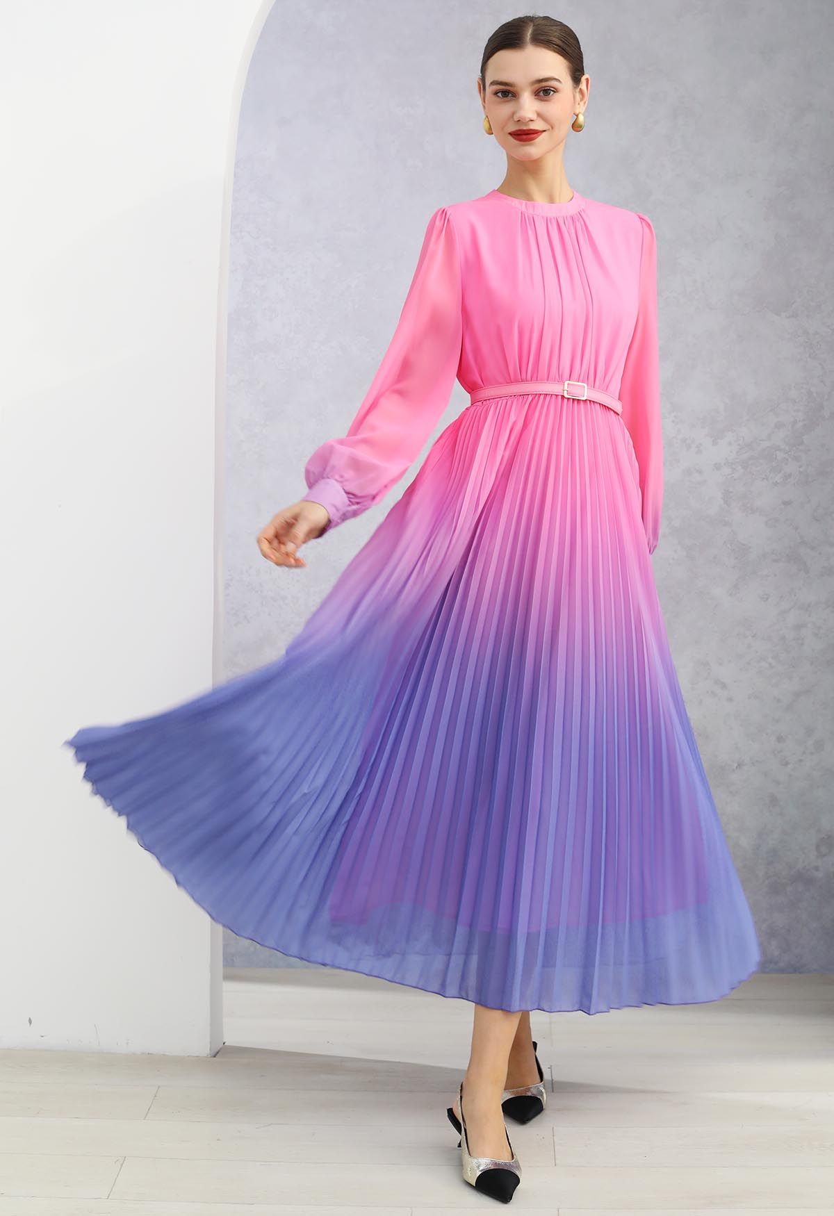 Pink-Purple Ombre Pleated Belt Chiffon Maxi Dress