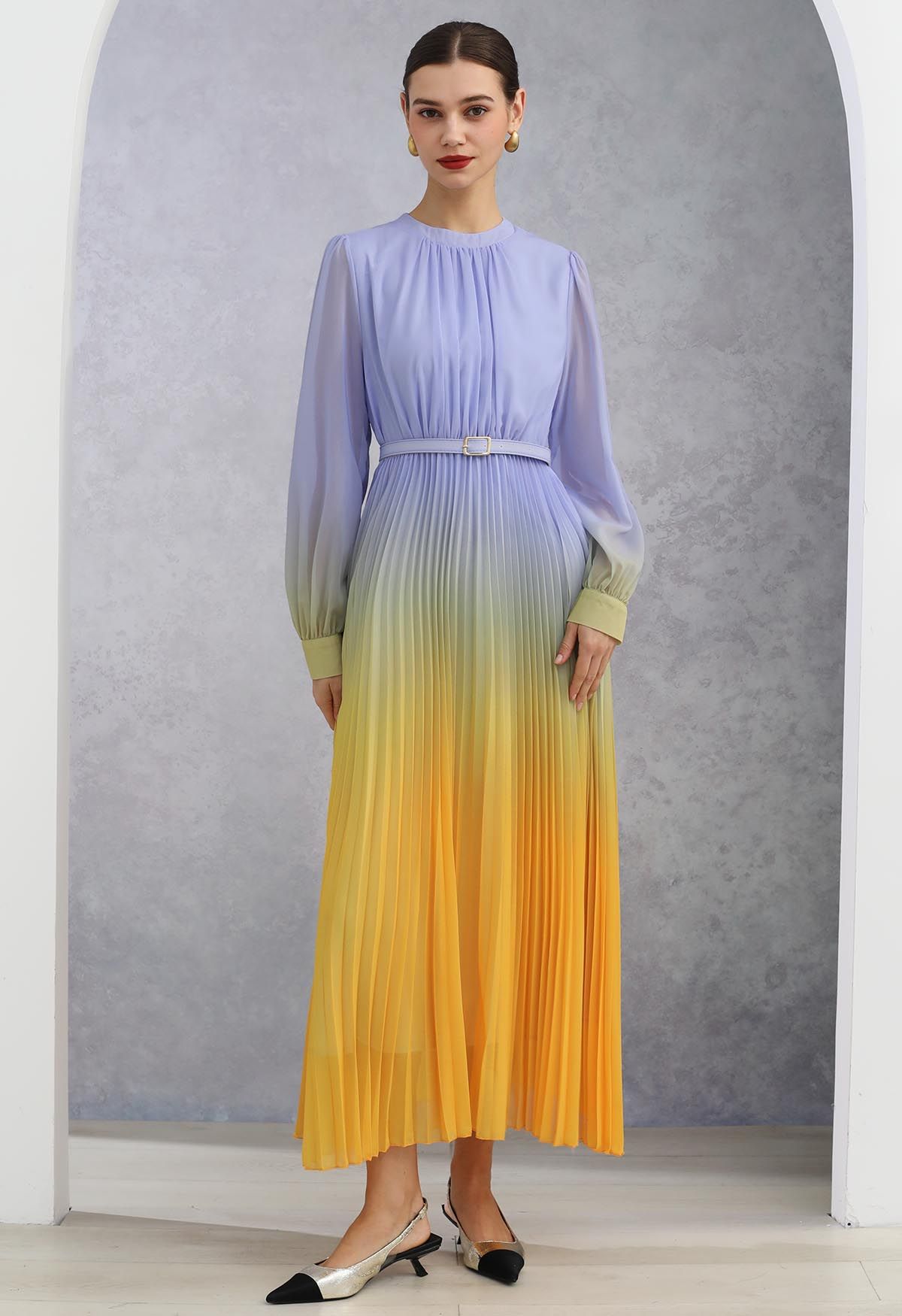 Blue-Yellow Ombre Pleated Belt Chiffon Maxi Dress