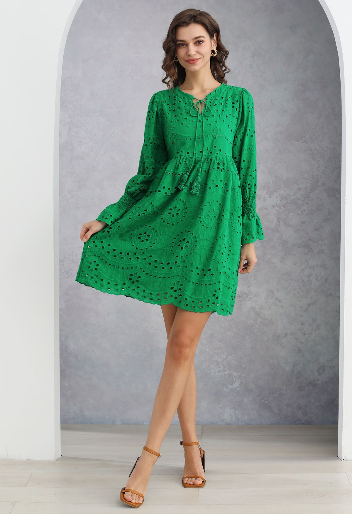 Eyelet Embroidery Tassel String Dolly Dress