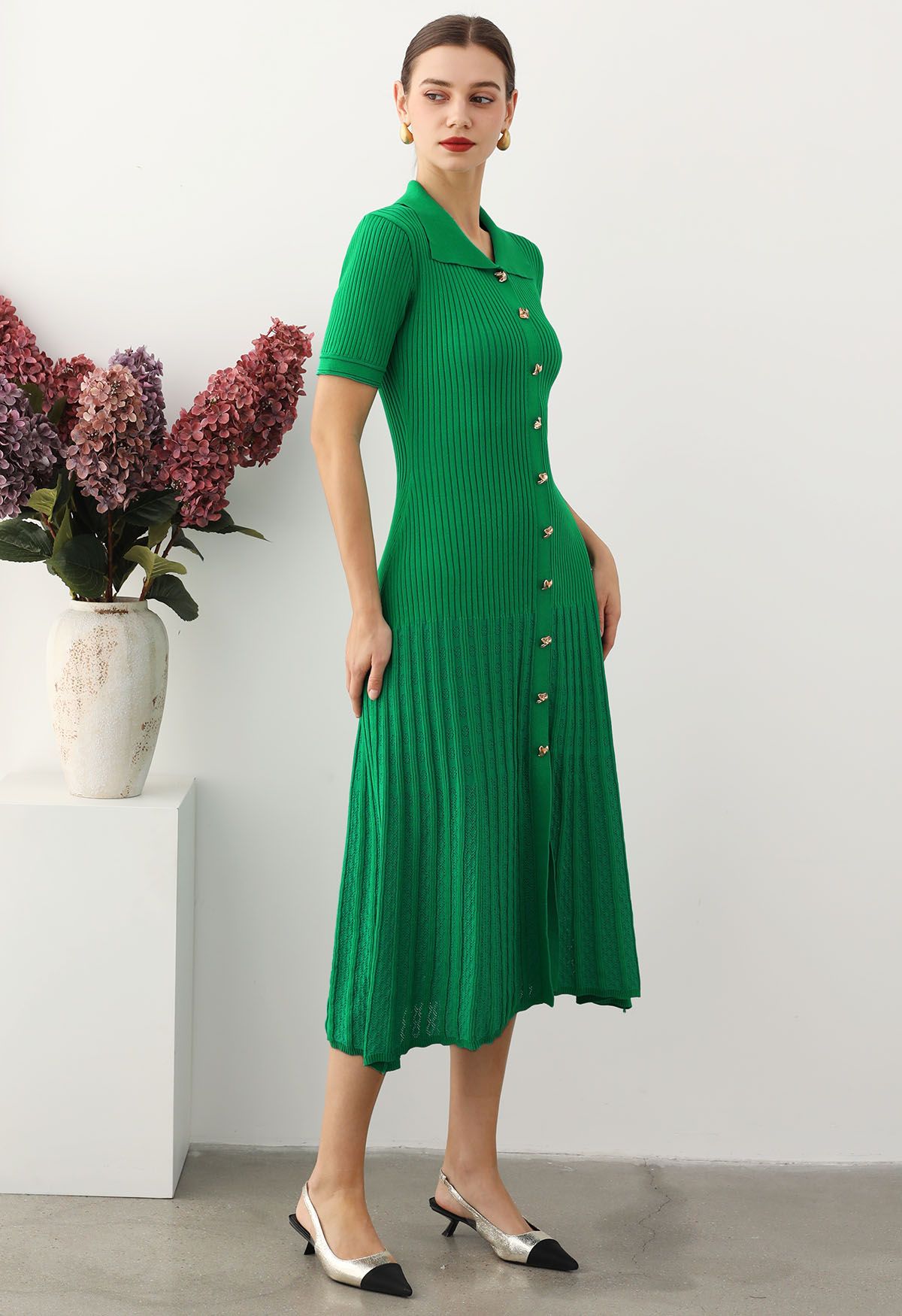 Collared Buttoned Short Sleeve Knit Midi Dress in Green