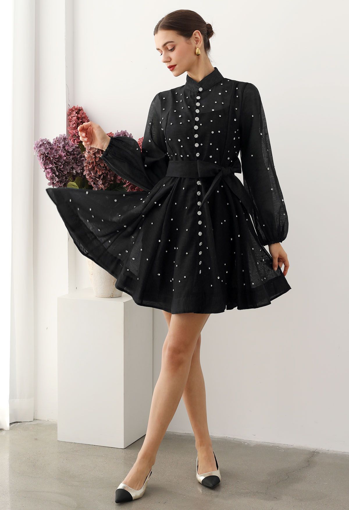 Rhinestone Decor Button Tie-Sash Organza Dress in Black