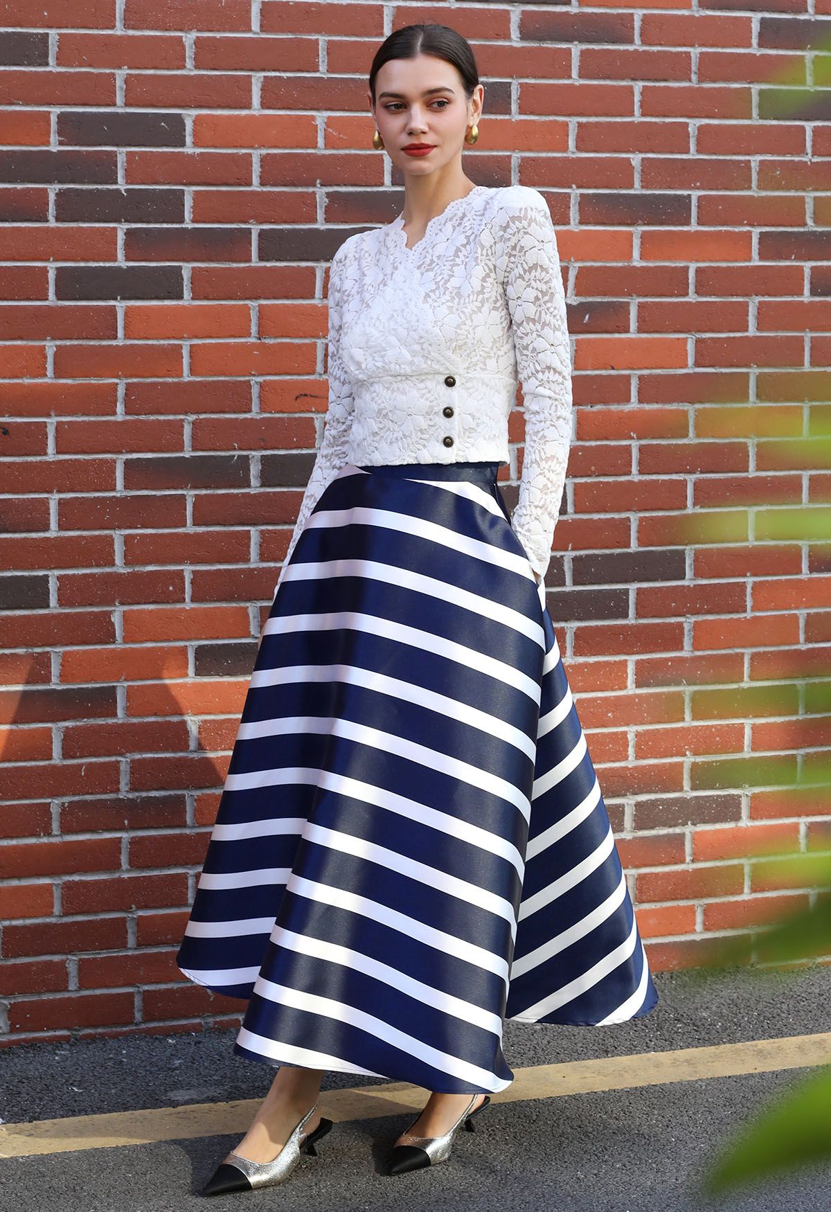 Adorable Stripe Side Pocket A-Line Maxi Skirt