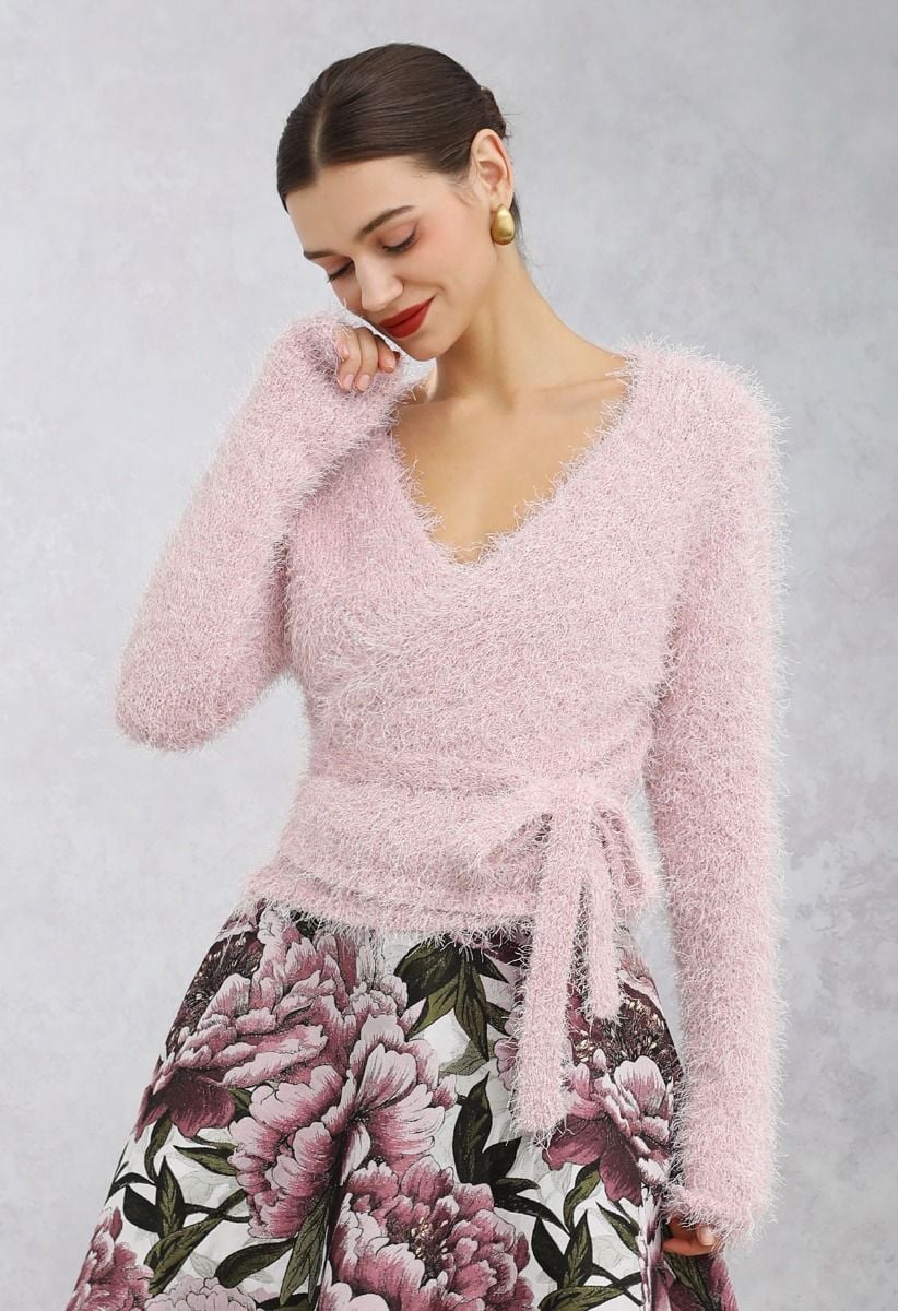 Wrap V-Neck Tie-Waist Fuzzy Knit Top in Light Pink