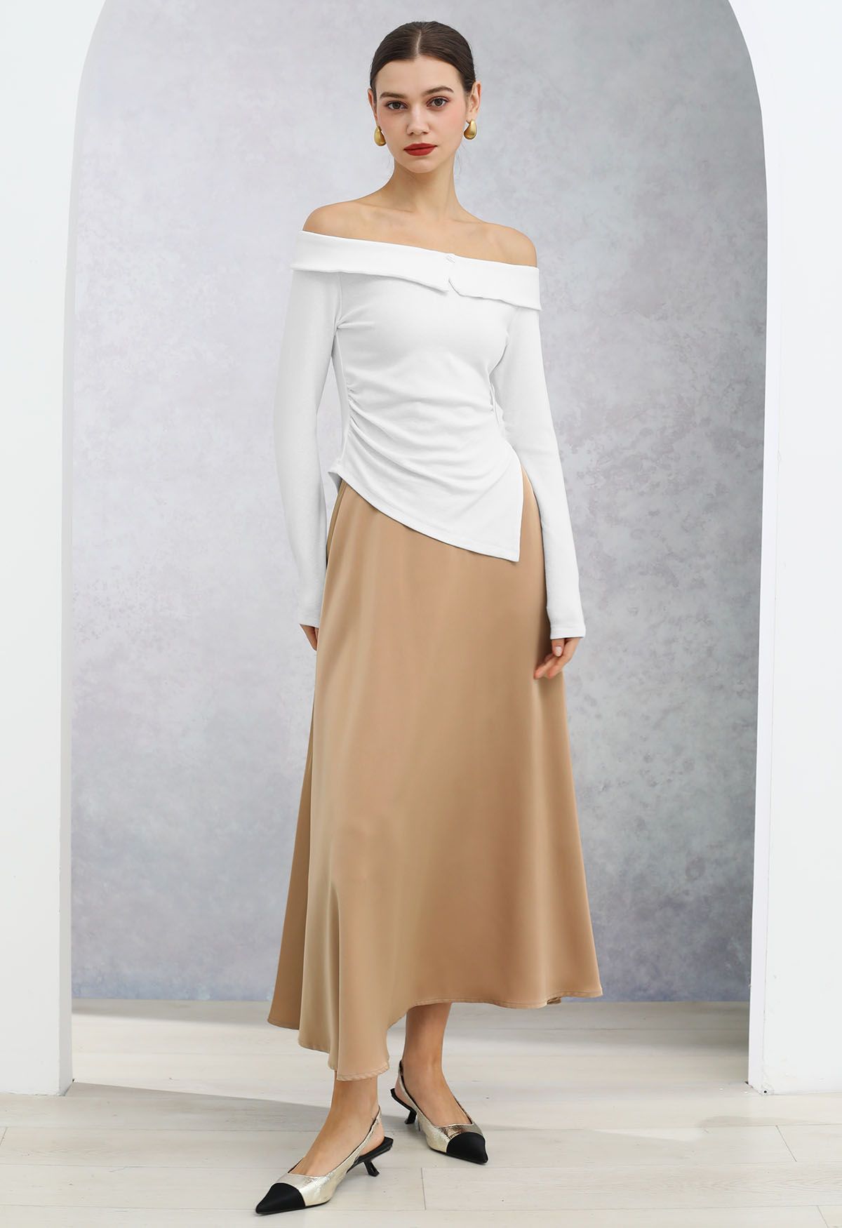 Timeless Elegance Satin A-Line Maxi Skirt in Tan