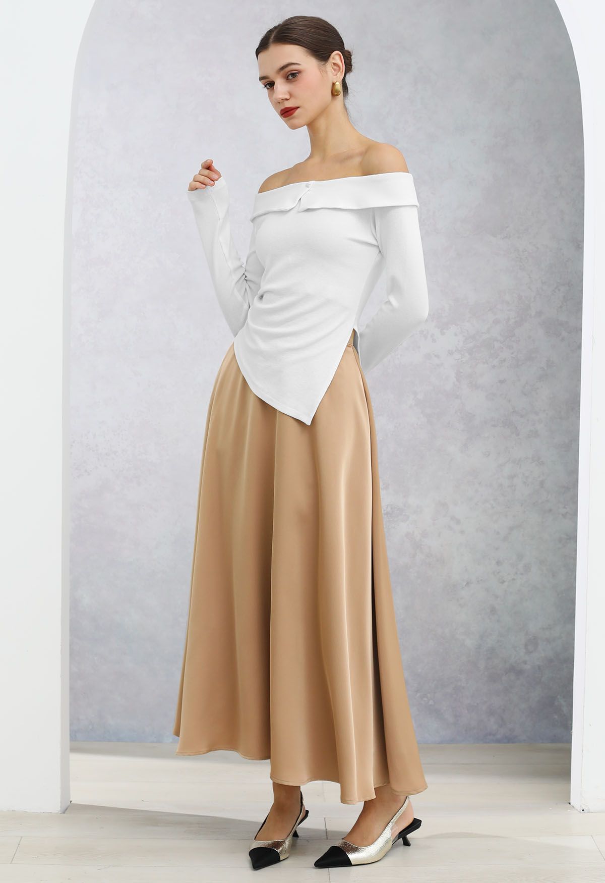 Timeless Elegance Satin A-Line Maxi Skirt in Tan