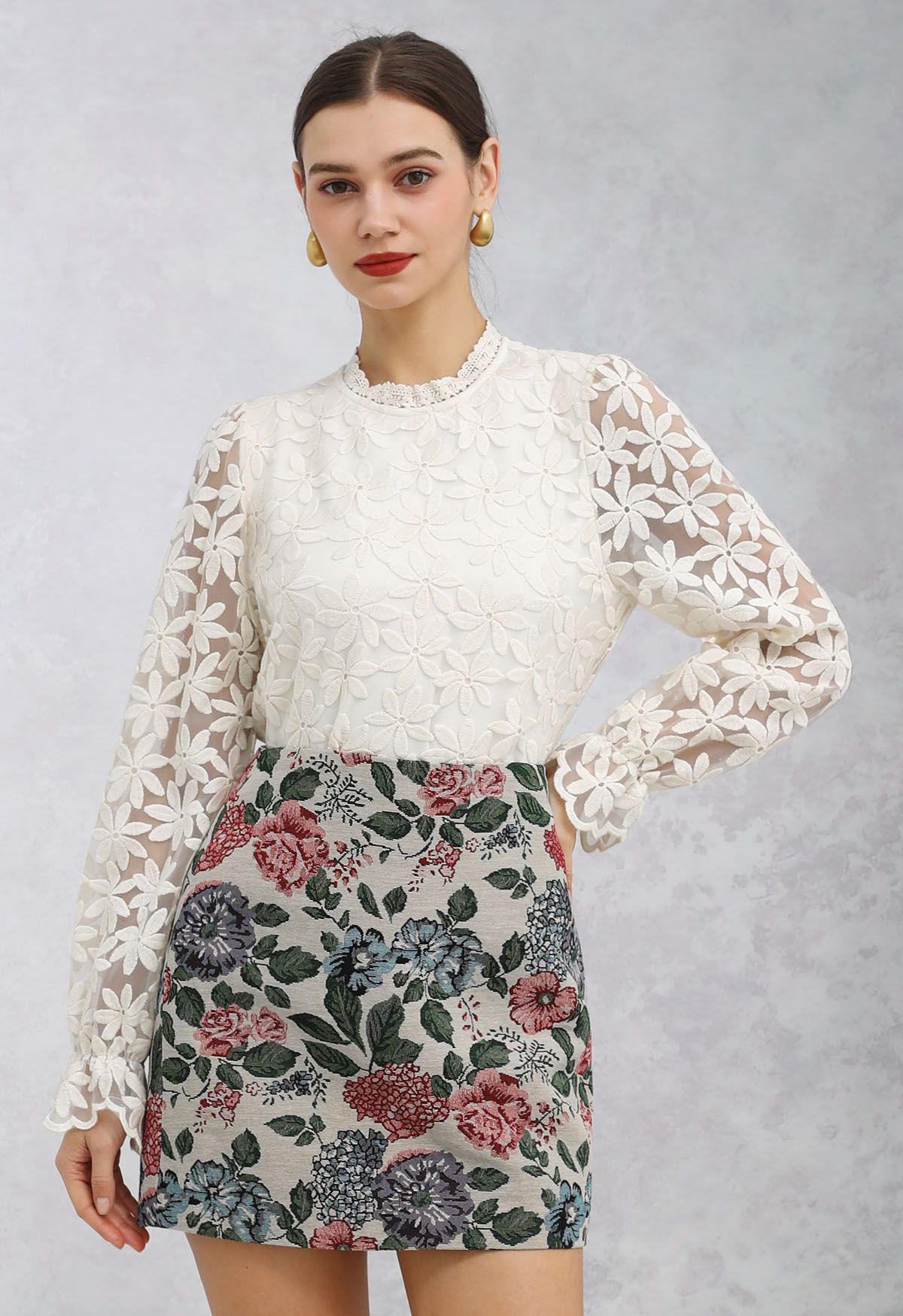 Lace Daisy Embroidered Sheer Sleeve Top