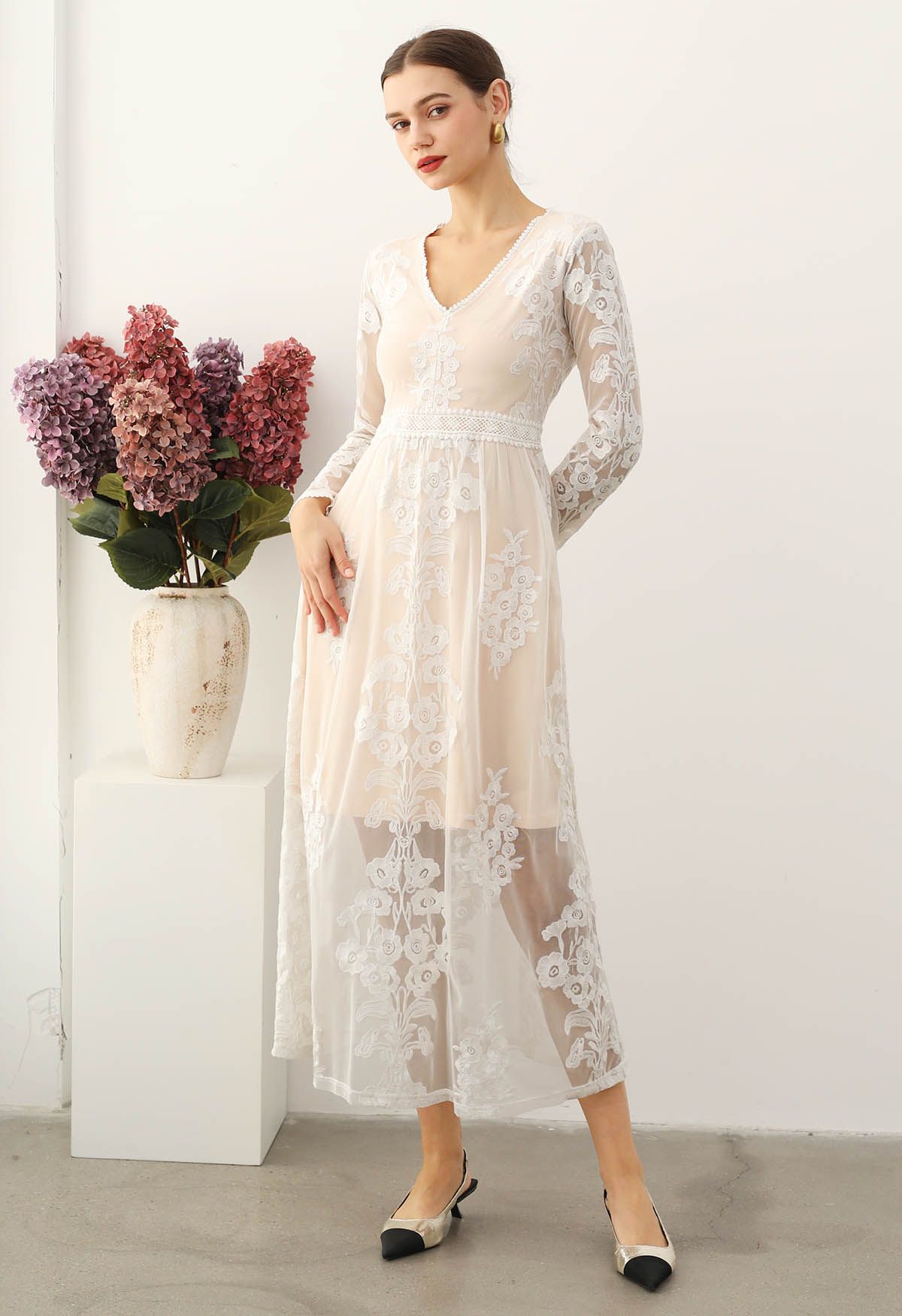 V-Neck Floral Embroidered Mesh Maxi Dress in White