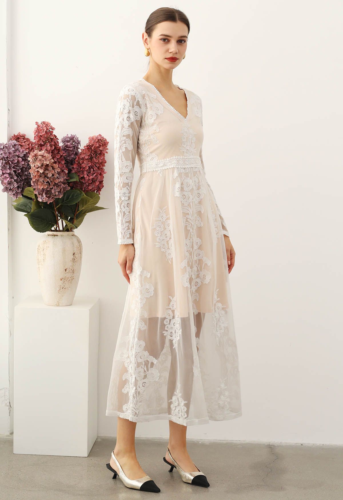 V-Neck Floral Embroidered Mesh Maxi Dress in White