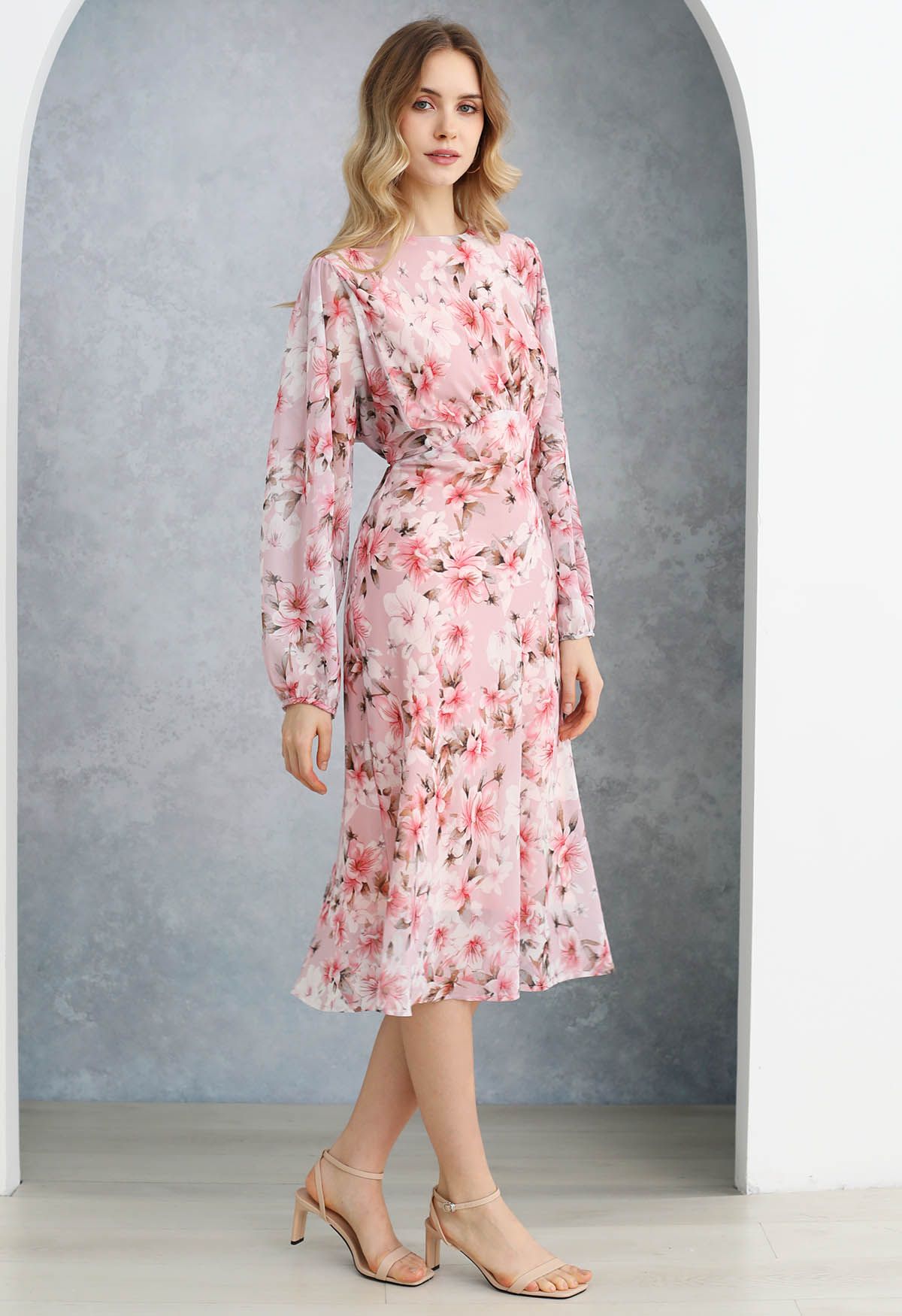 Cherry Blossom Printed Puff Sleeve Chiffon Midi Dress