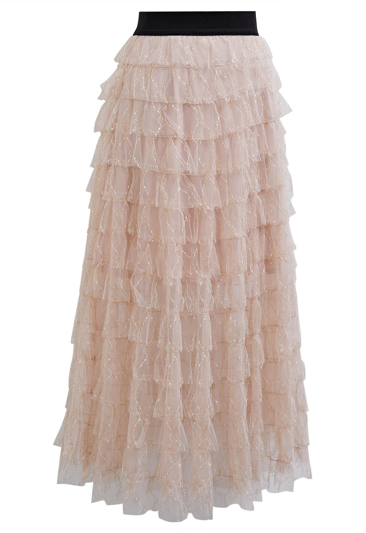 Abstract Metallic Tiered Mesh Midi Skirt in Light Pink