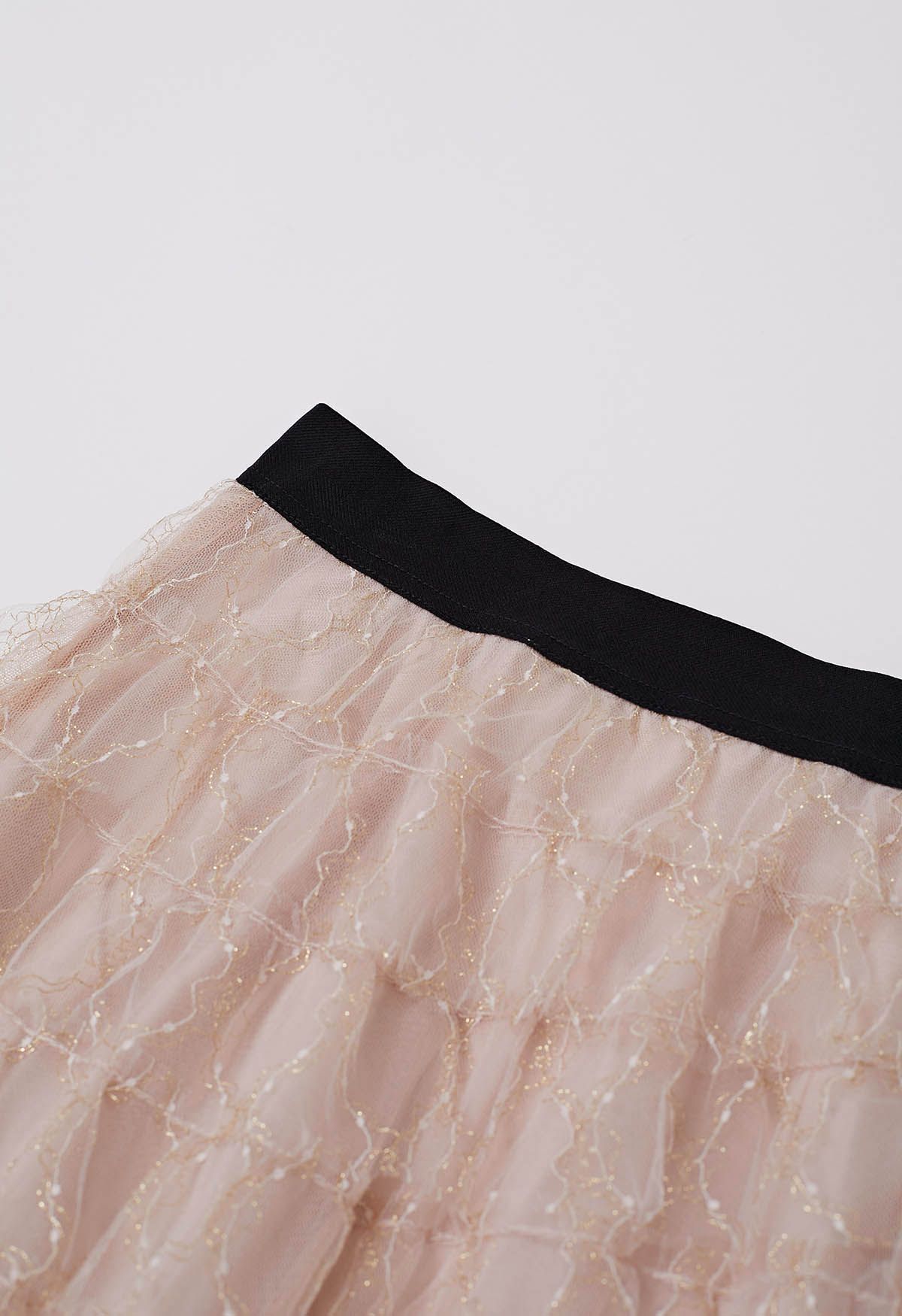 Abstract Metallic Tiered Mesh Midi Skirt in Light Pink