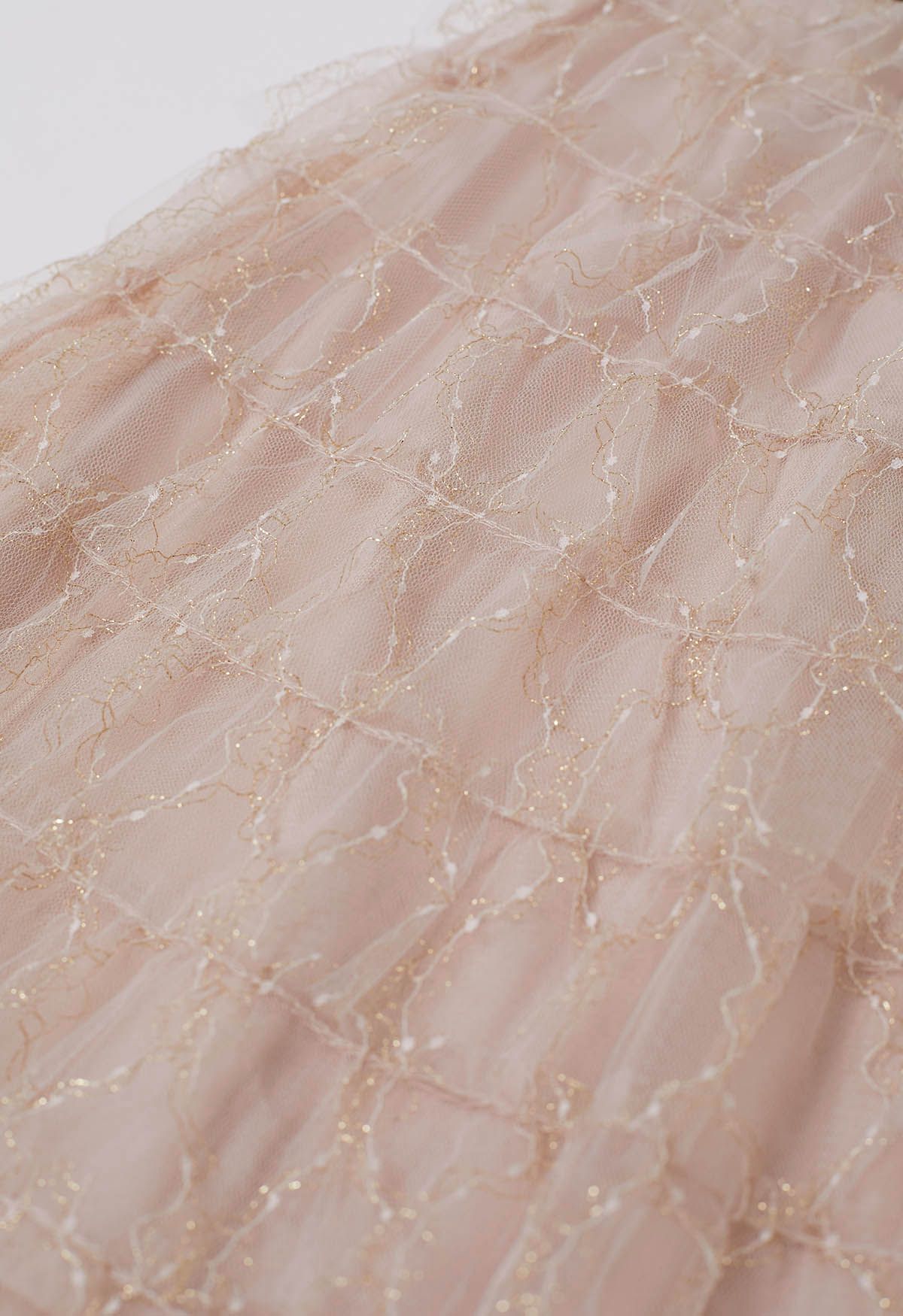 Abstract Metallic Tiered Mesh Midi Skirt in Light Pink