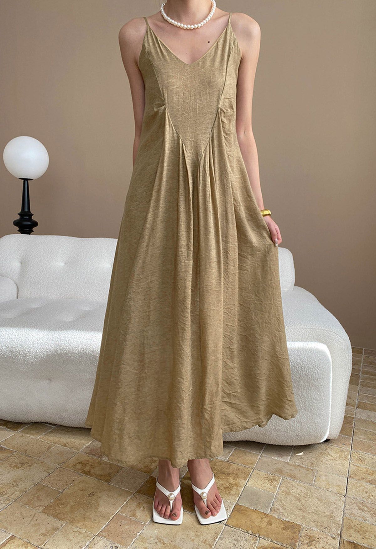 Texture V-Neck Frilling Hem Cami Midi Dress in Tan