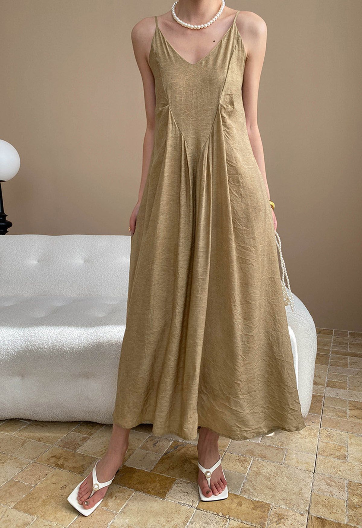 Texture V-Neck Frilling Hem Cami Midi Dress in Tan