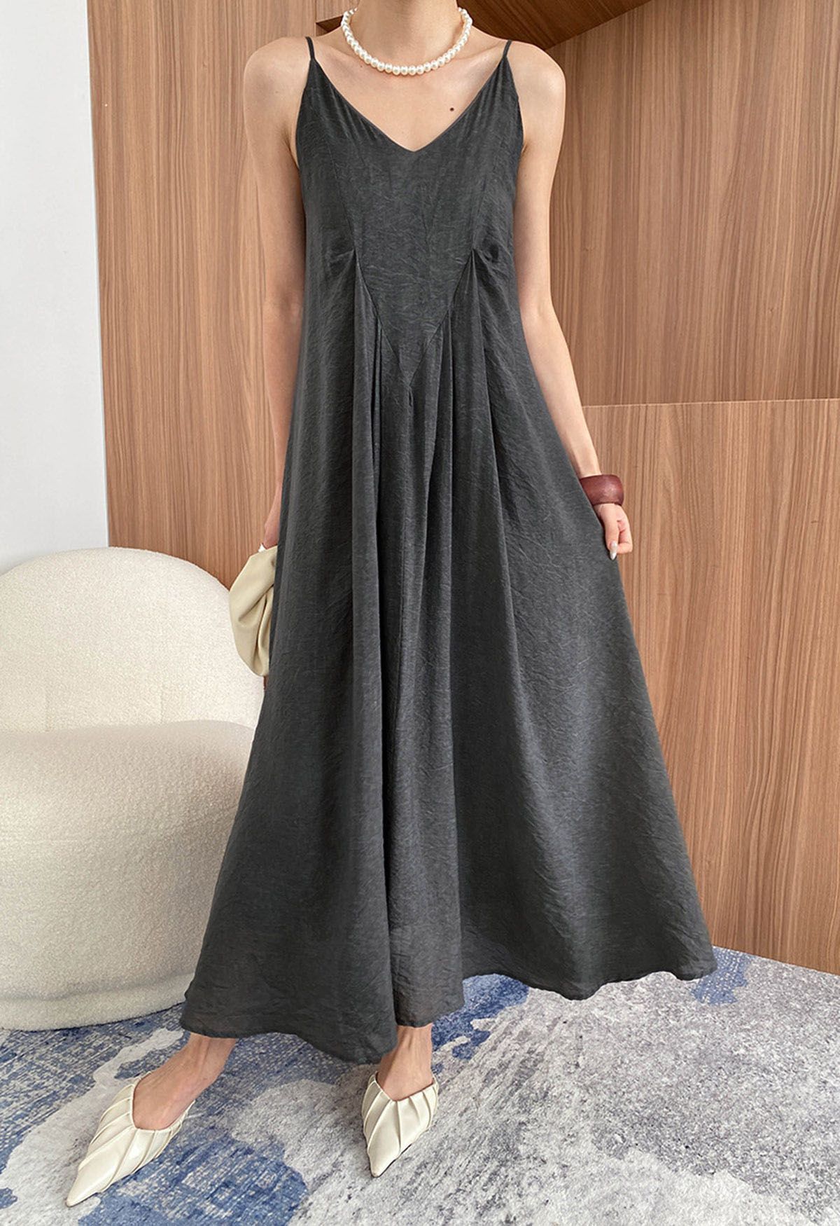 Texture V-Neck Frilling Hem Cami Midi Dress in Smoke