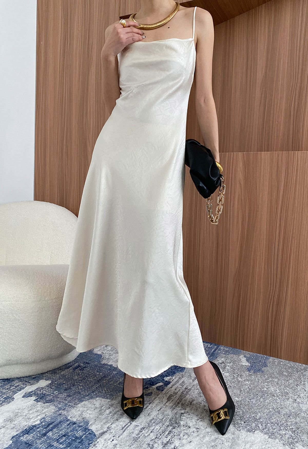 Texture Jacquard Drape Neck Satin Cami Dress in Ivory