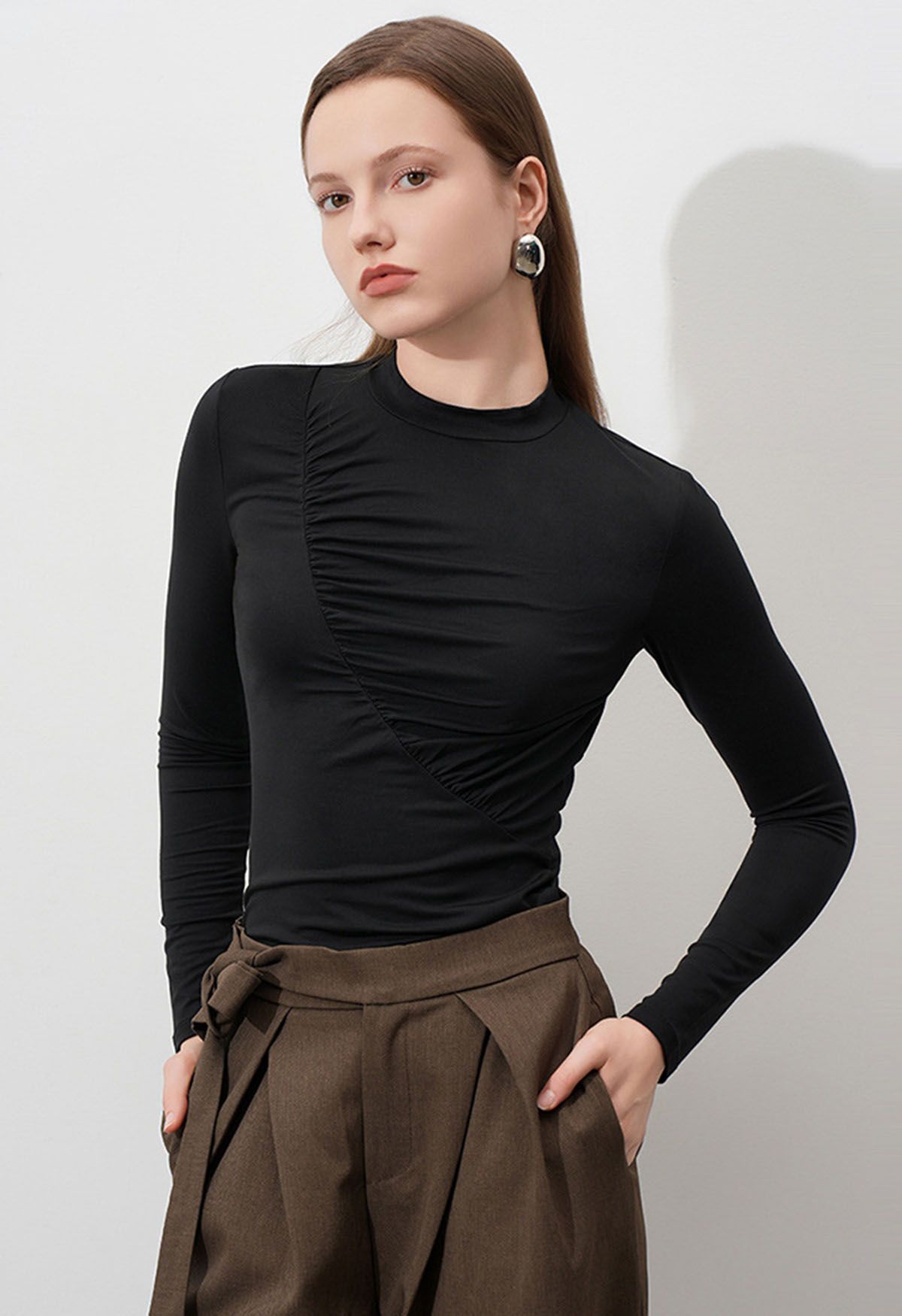 Ruched Accent Mock Neck Fitted Top in Black