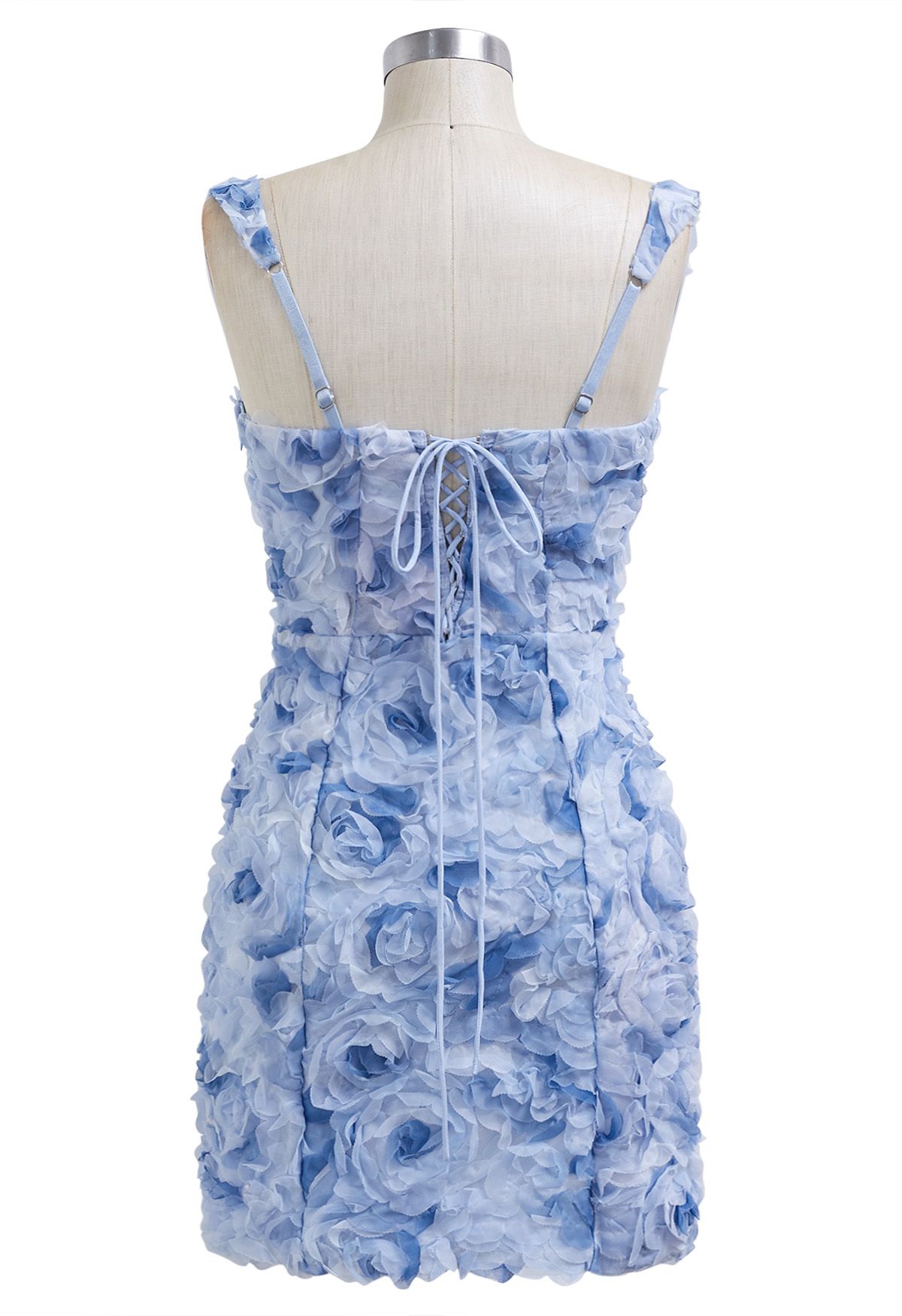 Rose Petal Lace-Up Back Cami Mini Dress in Blue