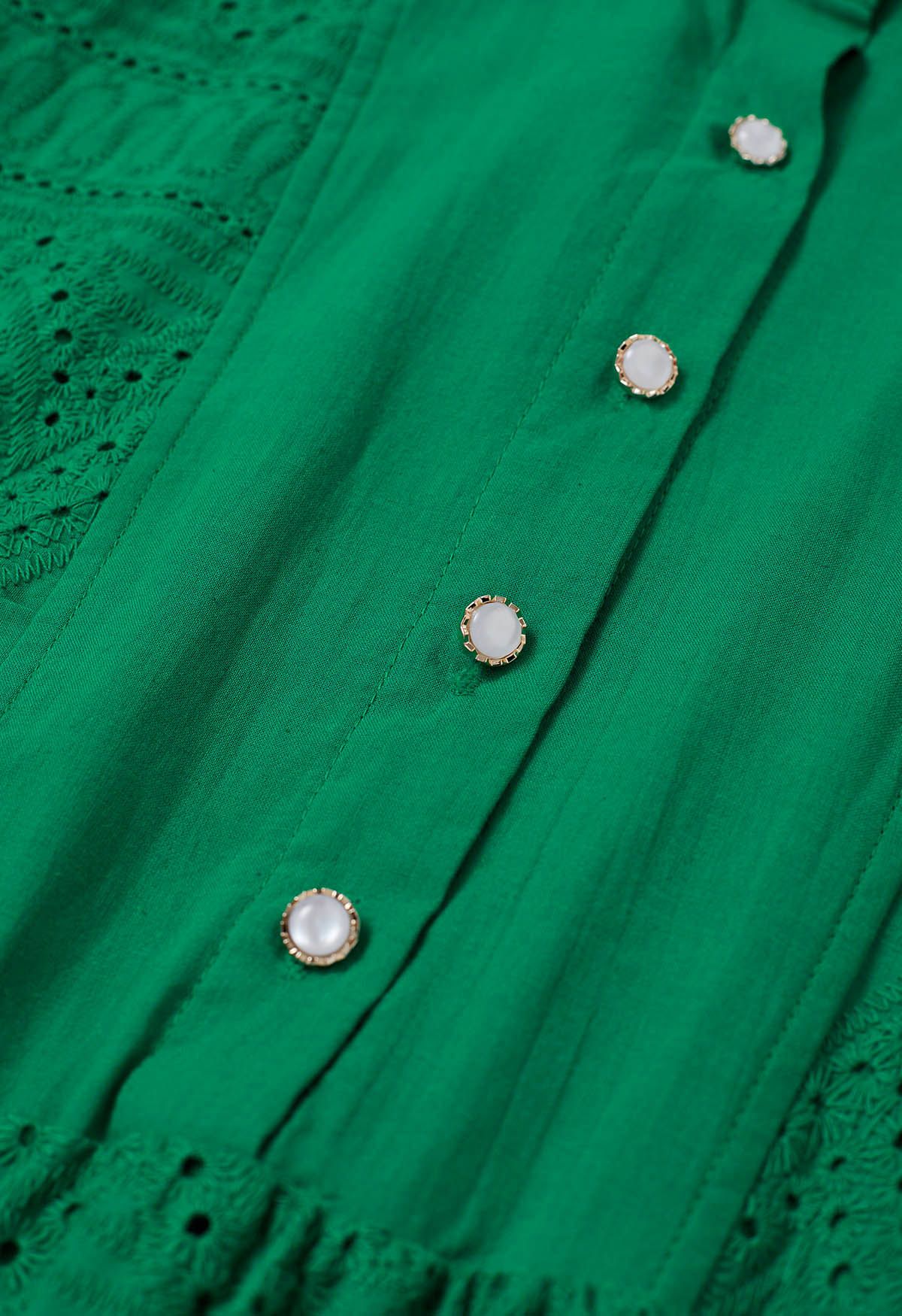 Collared Eyelet Embroidery Buttoned Midi Dress in Green