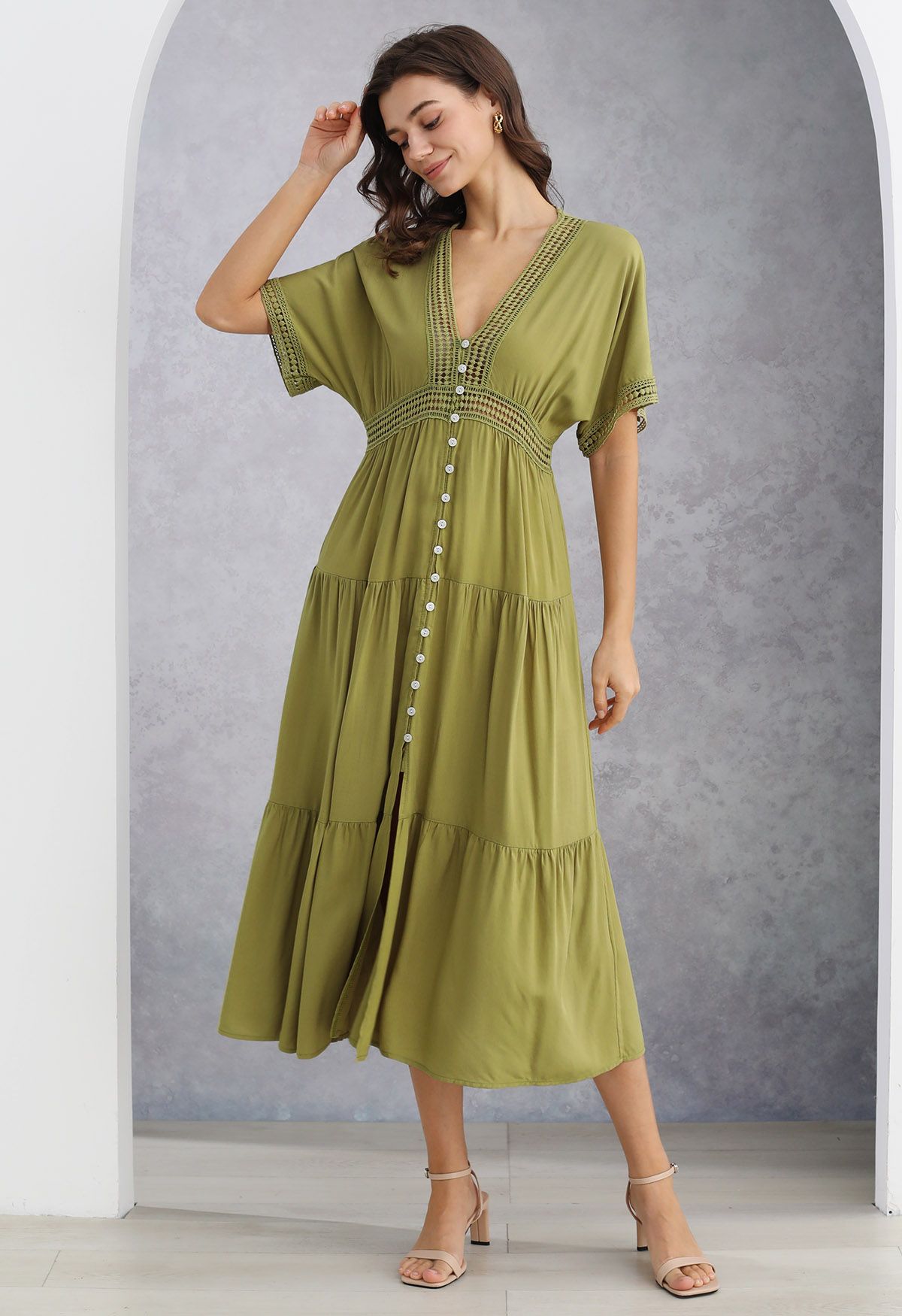 Crochet Deep V-Neck Button Down Midi Dress