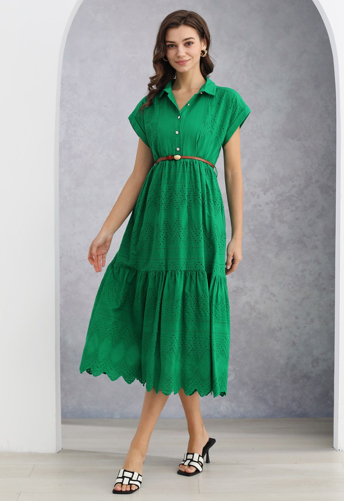 Collared Eyelet Embroidery Buttoned Midi Dress in Green