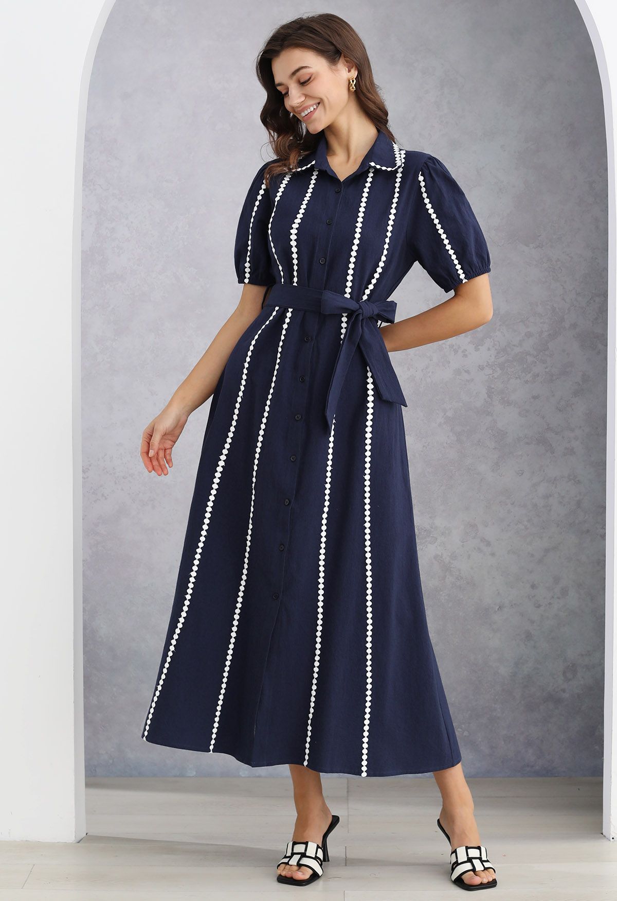 Crochet Stripe Collared Tie-Sash Buttoned Maxi Dress in Navy